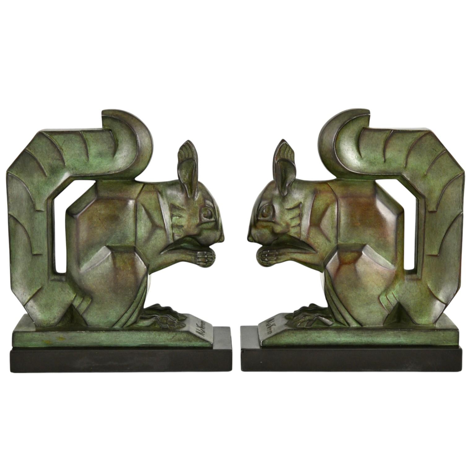 French Art Deco Squirrel Bookends by Max Le Verrier Largest Size France 1930 Original For Sale