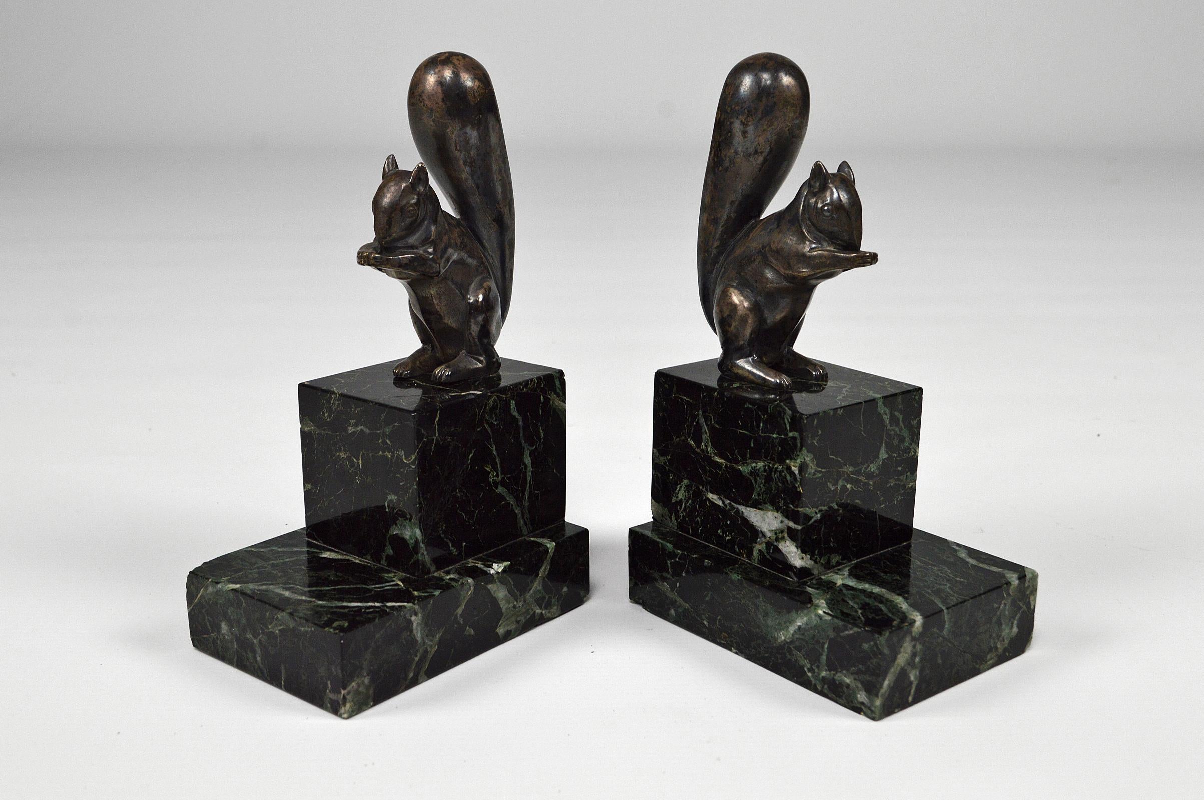 Early 20th Century Art Deco Squirrel Bookends in Silvered Bronze, by Marcel Guillemard For Sale