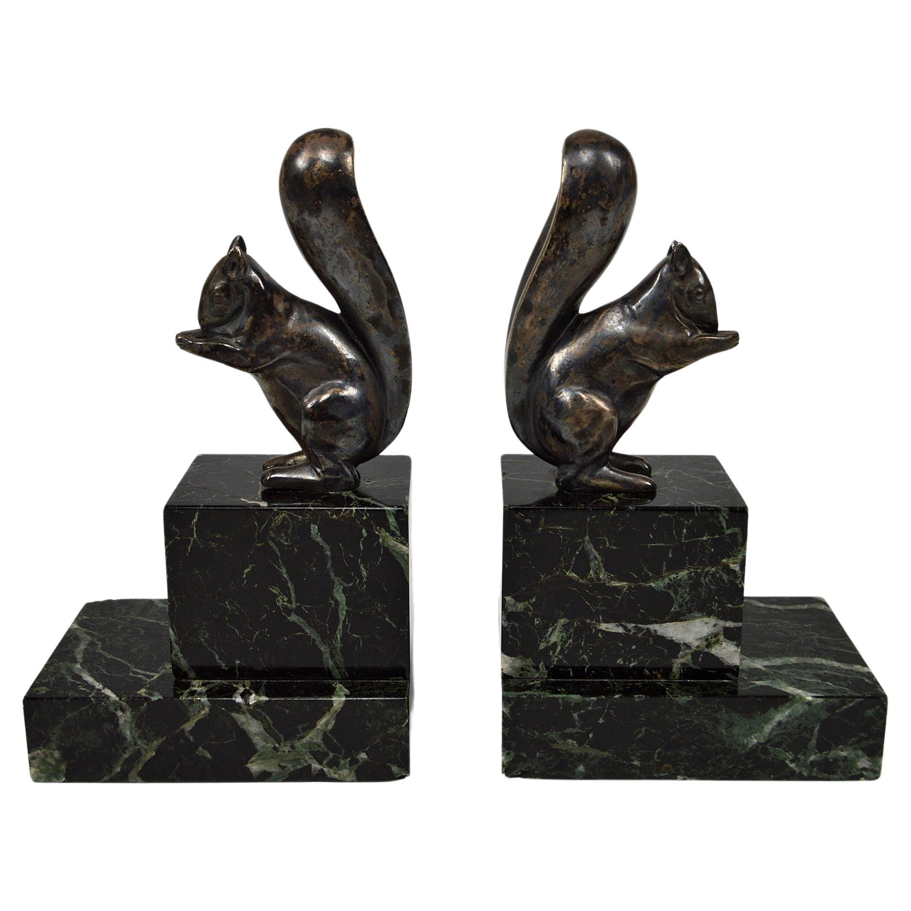 Art Deco Squirrel Bookends in Silvered Bronze, by Marcel Guillemard For Sale