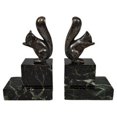 Antique Art Deco Squirrel Bookends in Silvered Bronze, by Marcel Guillemard