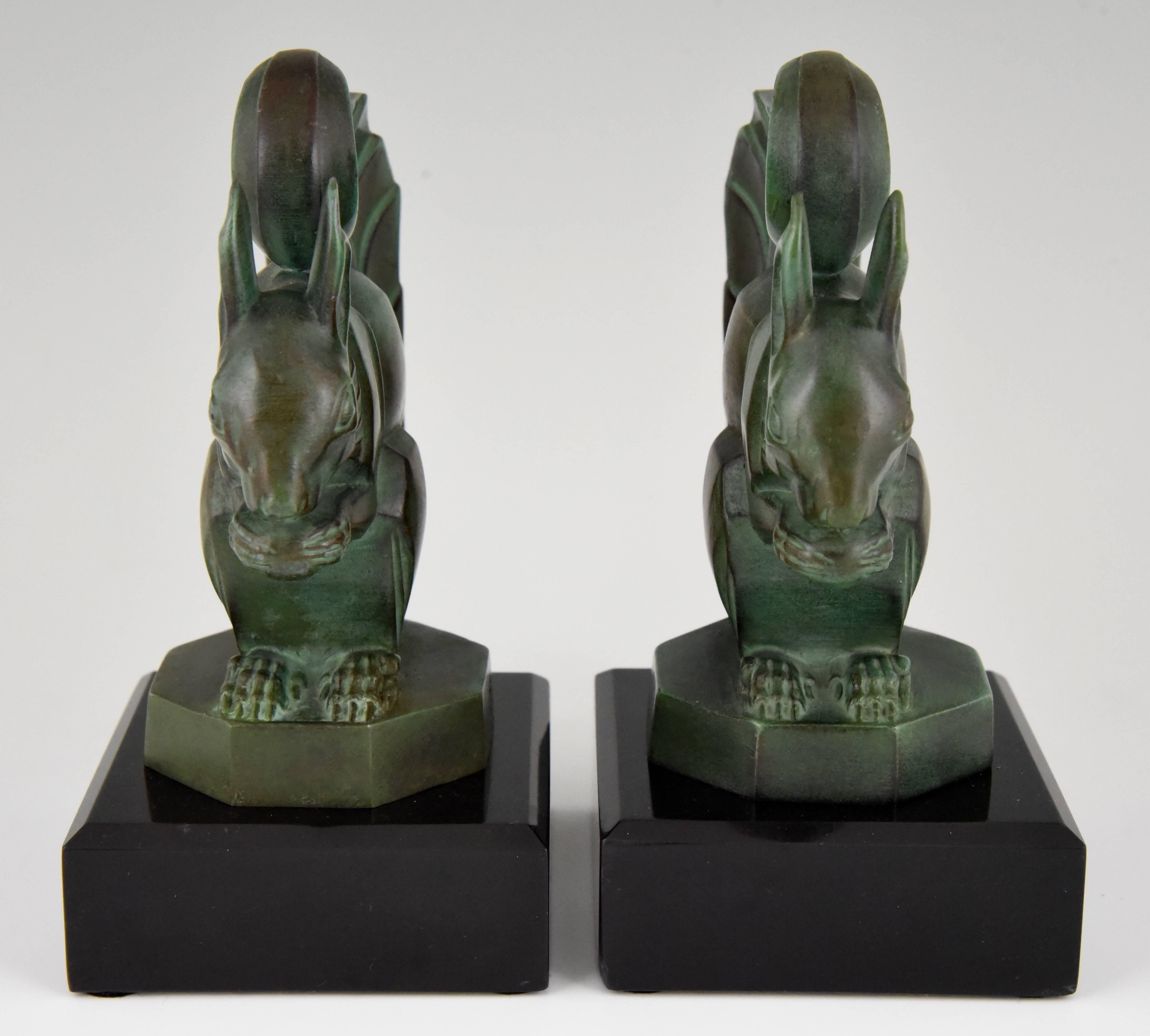 French Art Deco Squirrel Bookends Max Le Verrier on Marble Base, France, 1930