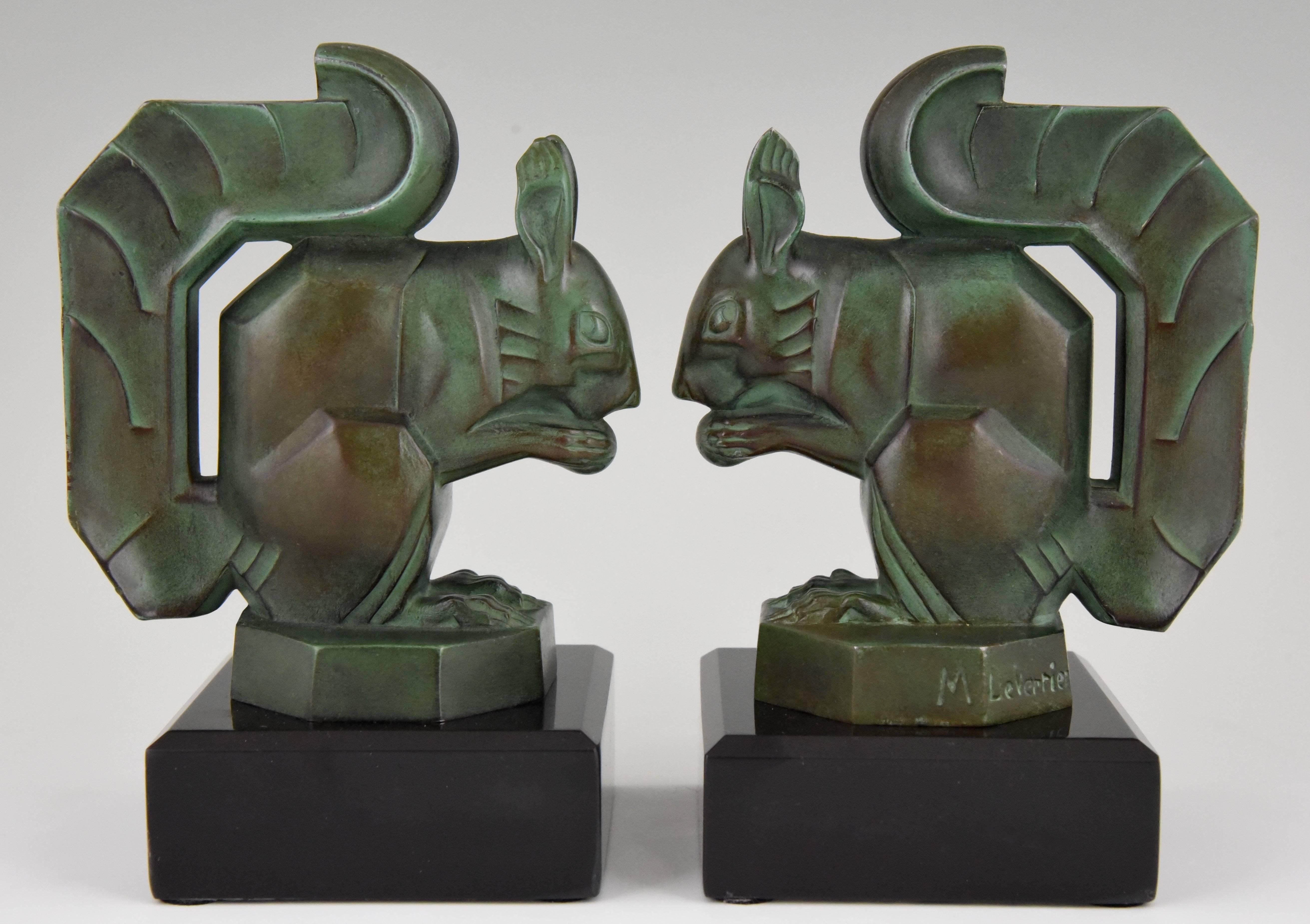 Patinated Art Deco Squirrel Bookends Max Le Verrier on Marble Base, France, 1930