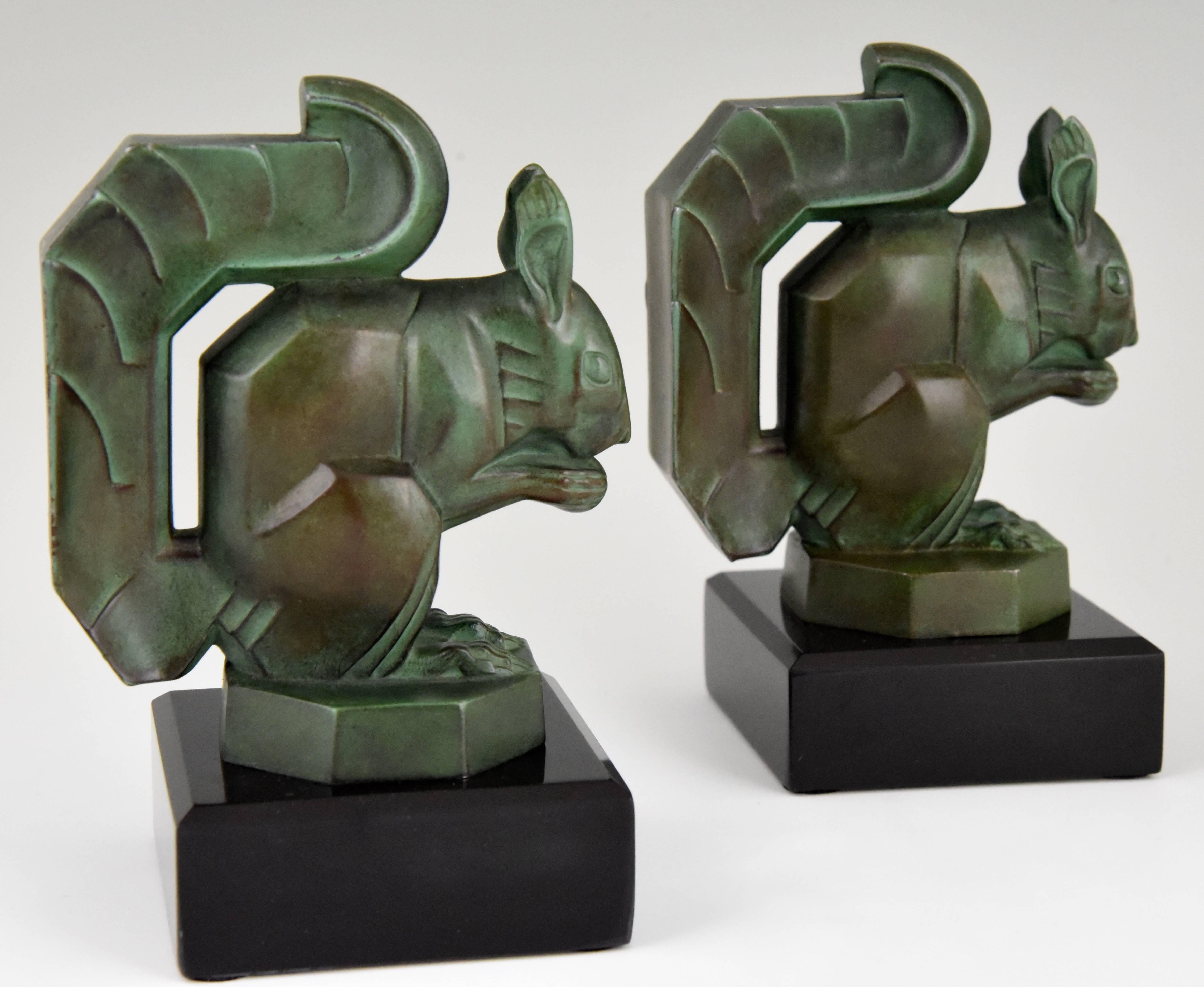 Metal Art Deco Squirrel Bookends Max Le Verrier on Marble Base, France, 1930