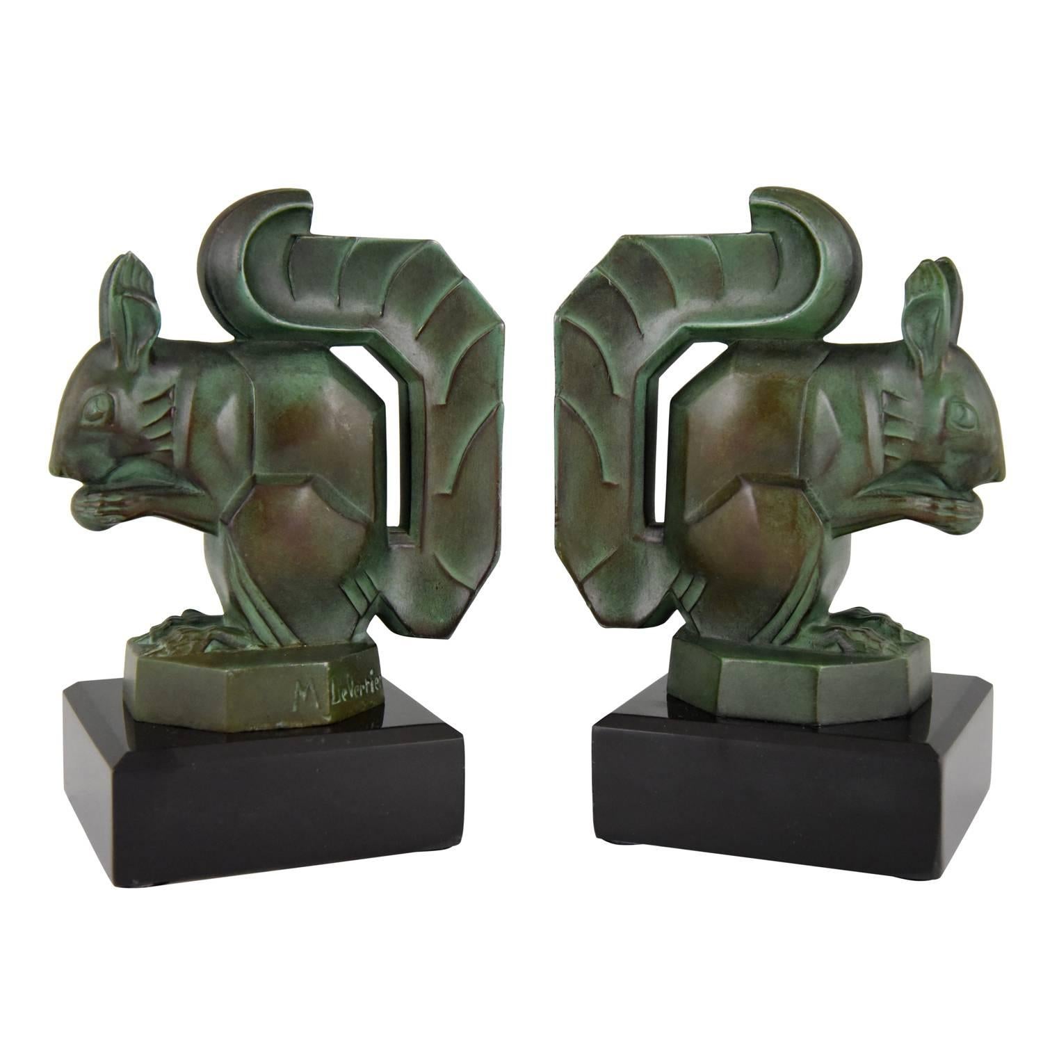Art Deco Squirrel Bookends Max Le Verrier on Marble Base, France, 1930
