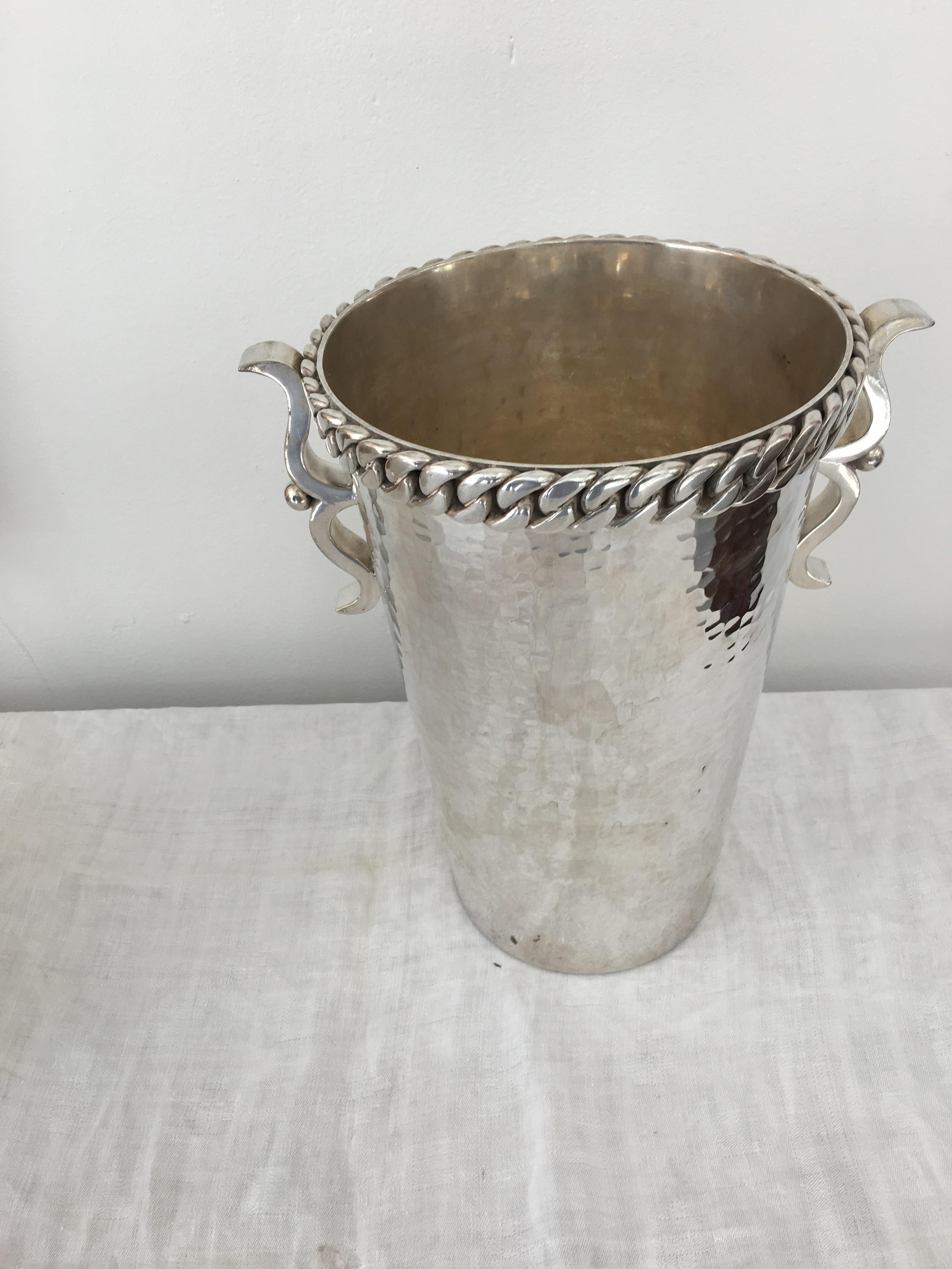 Mid-20th Century Signed Jean Després Art Deco Bronze Hammered Silver Plated  Bottle Bucket For Sale