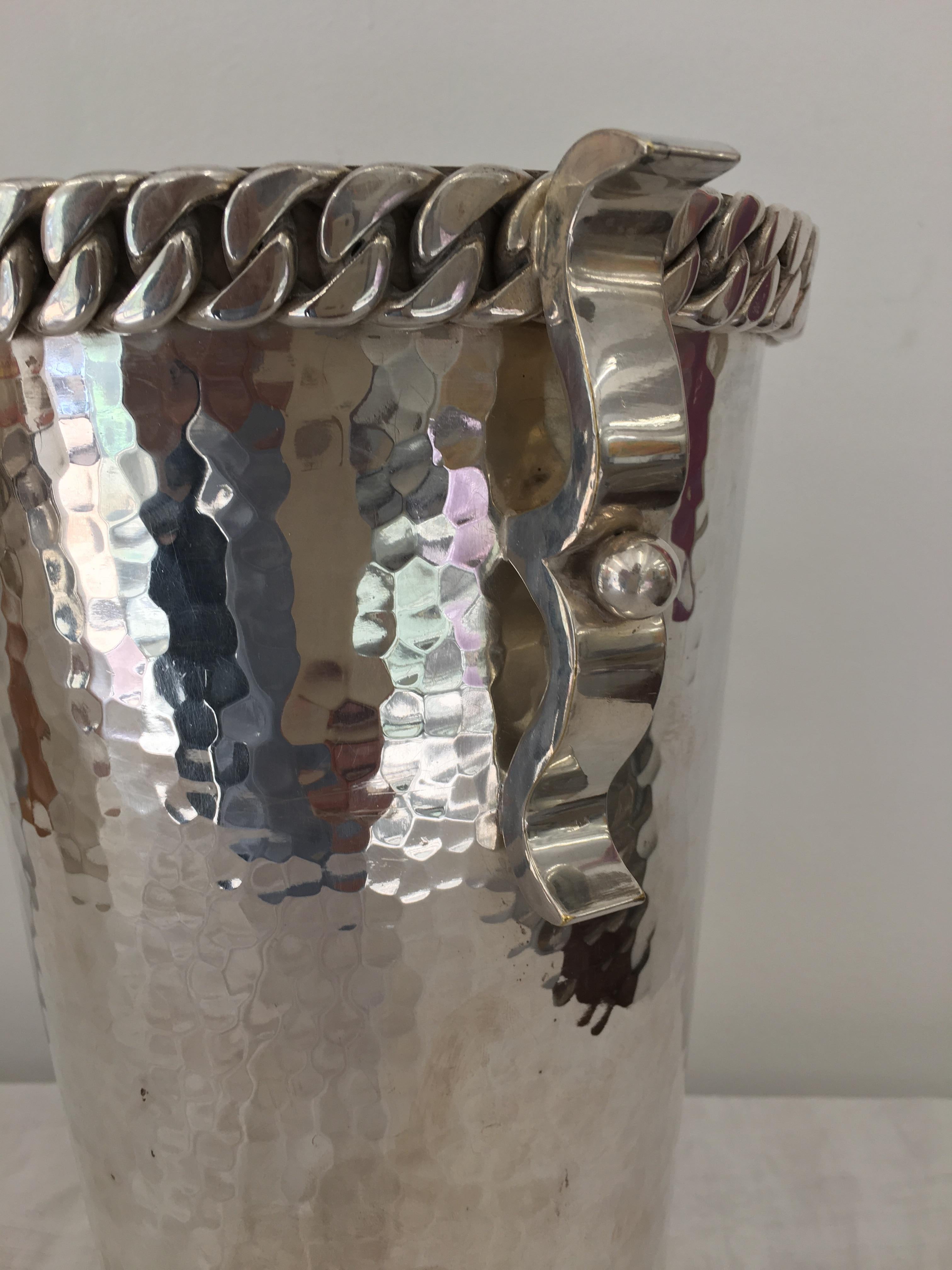 Signed Jean Després Art Deco Bronze Hammered Silver Plated  Bottle Bucket For Sale 1