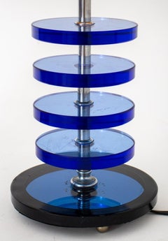 Art Deco Stacked Blue Glass Disc Table Lamps, Pr