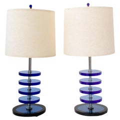 Art Deco Stacked Blue Glass Disc Table Lamps, Pr