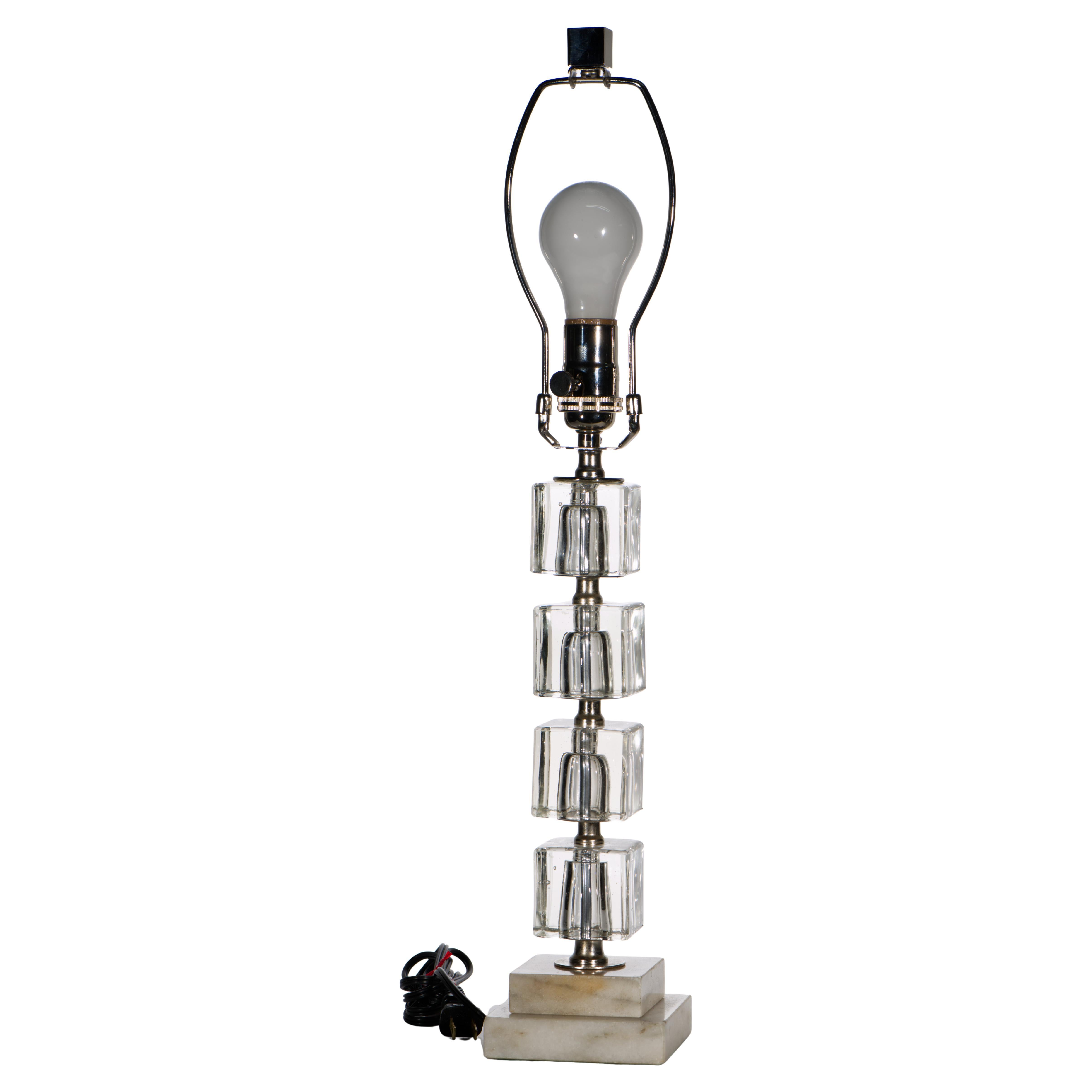 Art Deco Stacked Glass Cubes with Chrome and Marble Table Lamp 1960s-1970s For Sale