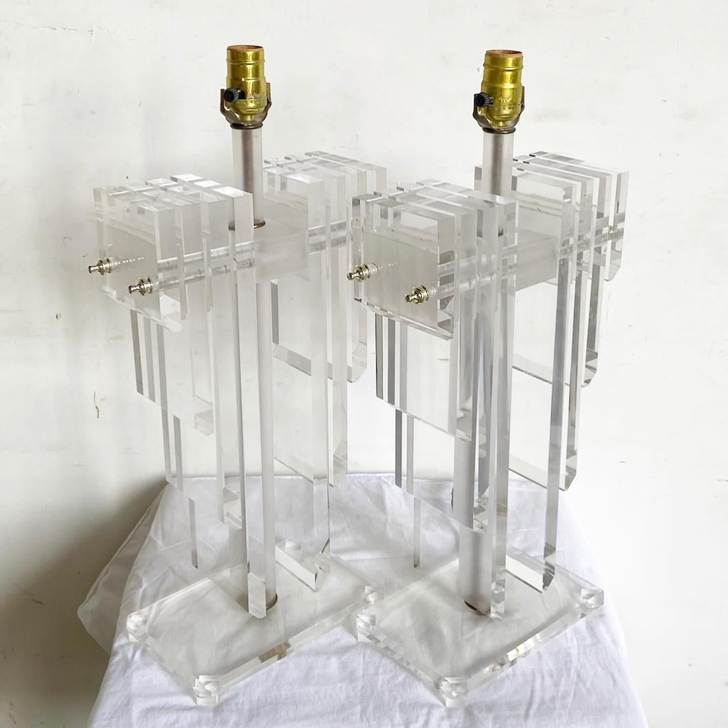 American Art Deco Stacked Lucite Table Lamps - a Pair For Sale