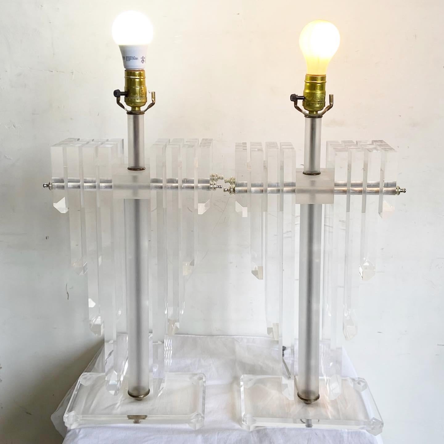 Art Deco Stacked Lucite Table Lamps - a Pair In Good Condition For Sale In Delray Beach, FL
