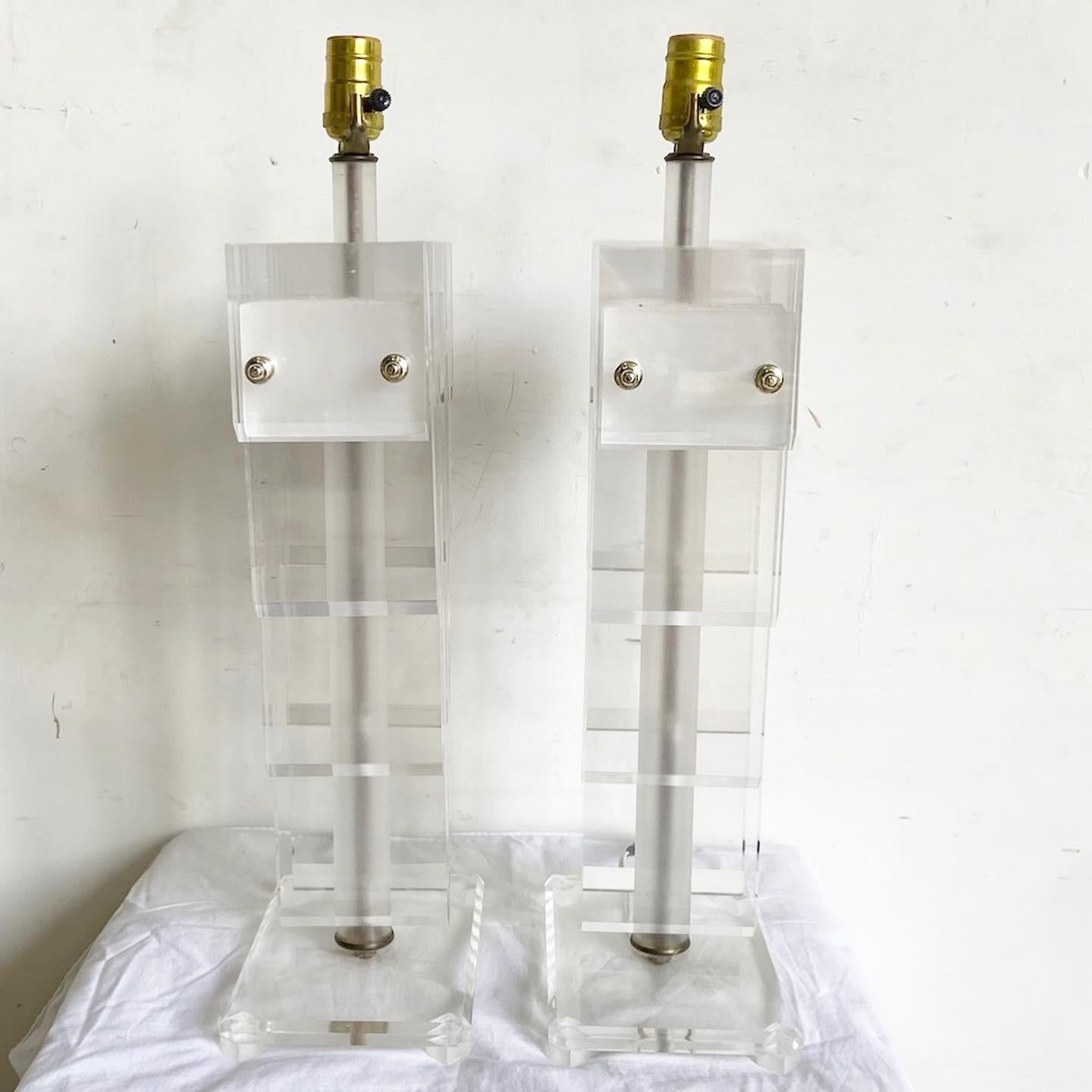 20th Century Art Deco Stacked Lucite Table Lamps - a Pair For Sale
