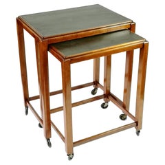 Art Deco Stacking Side Tables with Linoleum Top, on Wheels, Set of 2, 1930
s