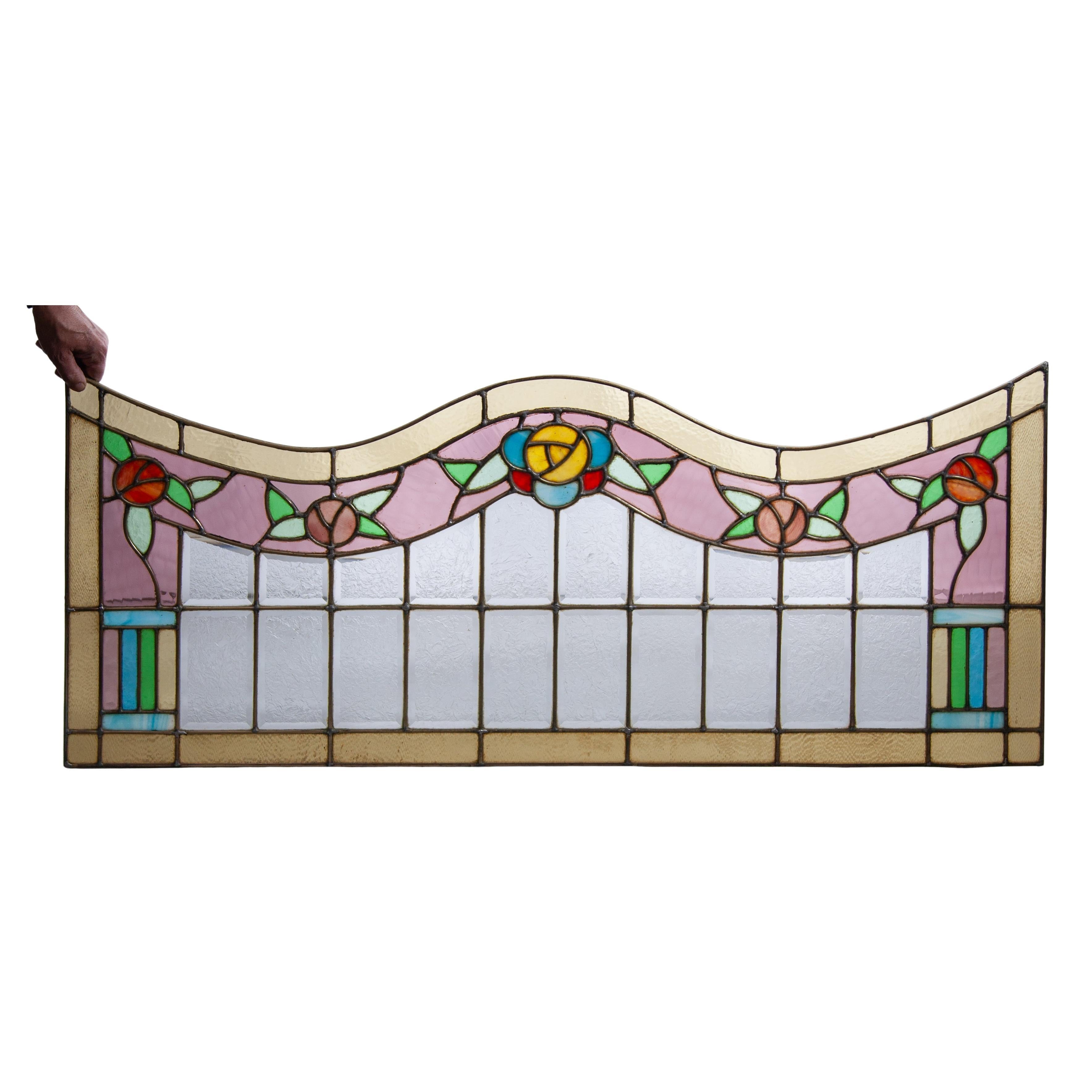 Art Deco Stained Flower Quirlande Glass Window in Etched Glass and Brass