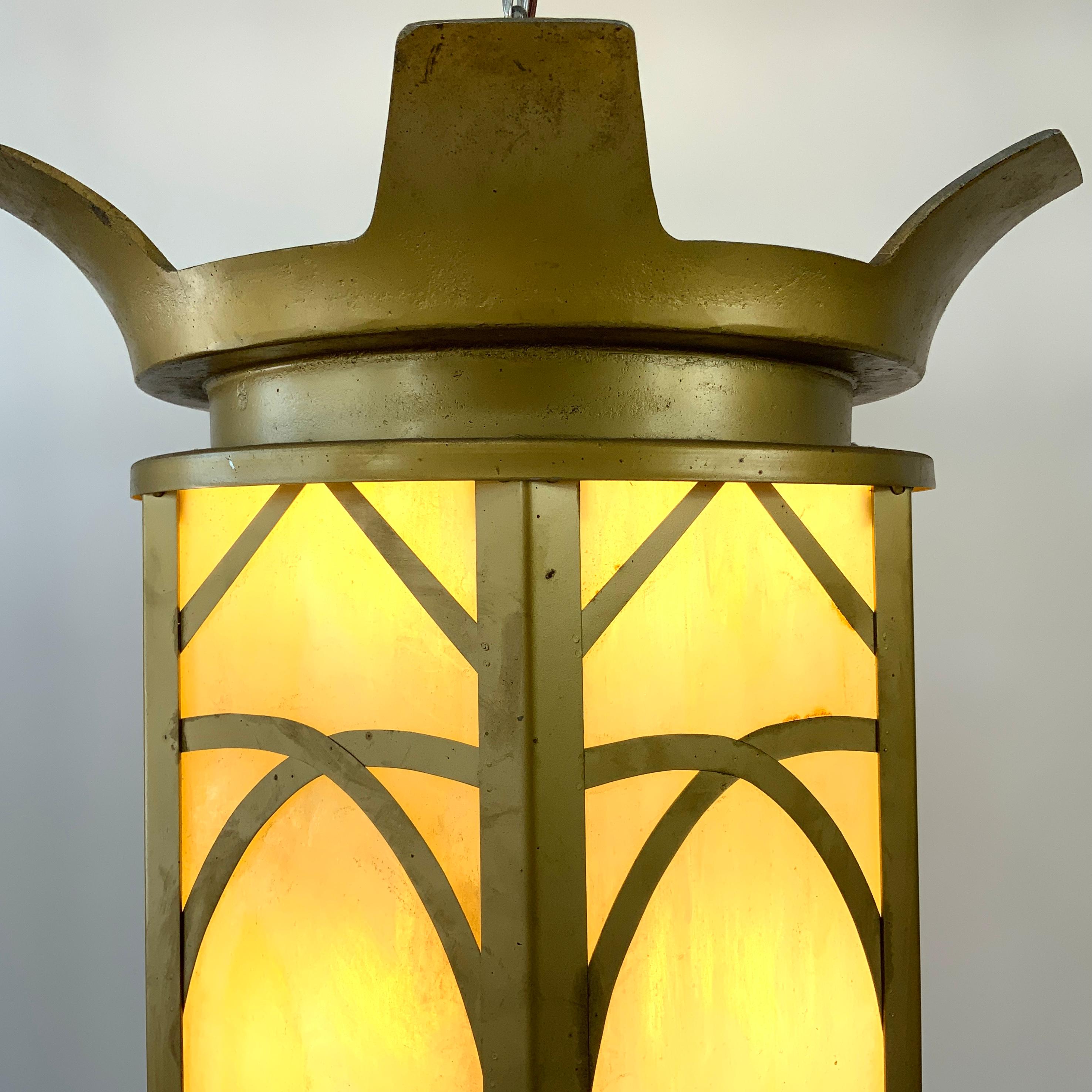 Canadian Pair of Art Deco Stained Glass “Fleur De Lys” Cathedral Lantern Lamps For Sale