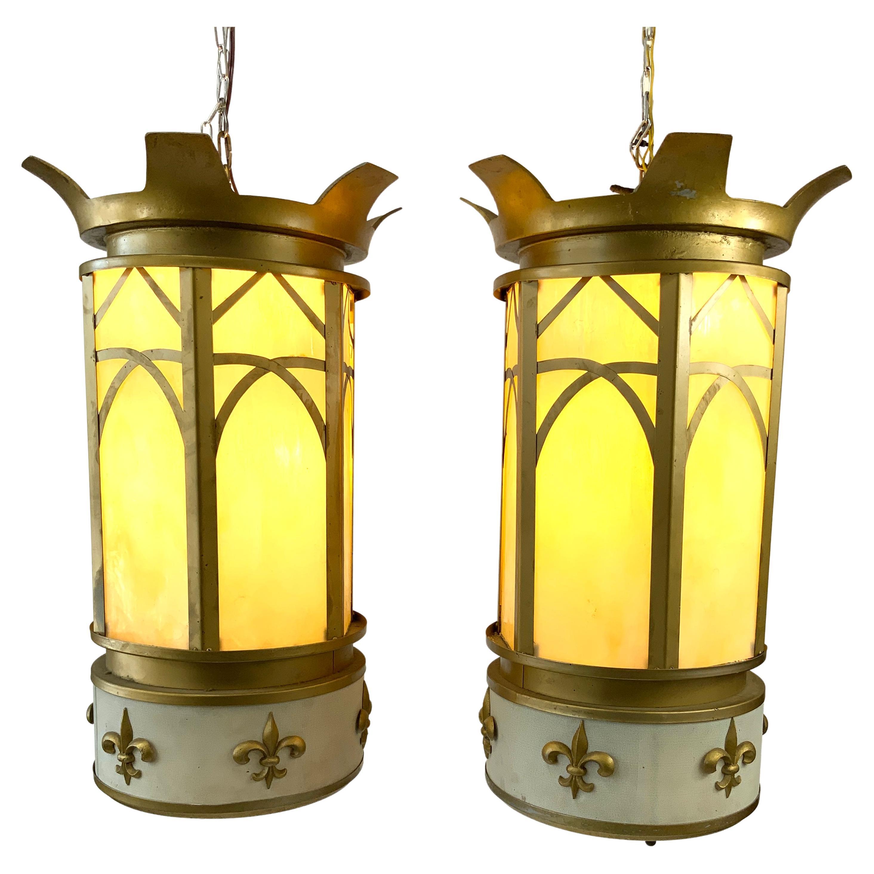 Pair of Art Deco Stained Glass “Fleur De Lys” Cathedral Lantern Lamps For Sale