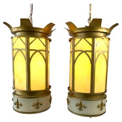 Vintage Pair of Art Deco Stained Glass “Fleur De Lys” Cathedral Lantern Lamps