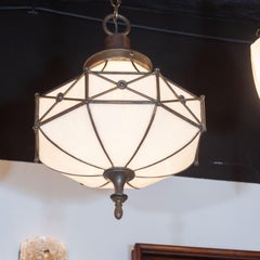 Art Deco Stained Glass Neoclassical Lantern Chandelier with Bronze Detailing