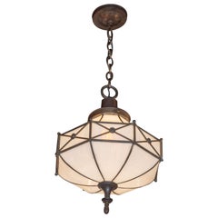 Art Deco Stained Glass Neoclassical Lantern Chandelier with Bronze Detailing
