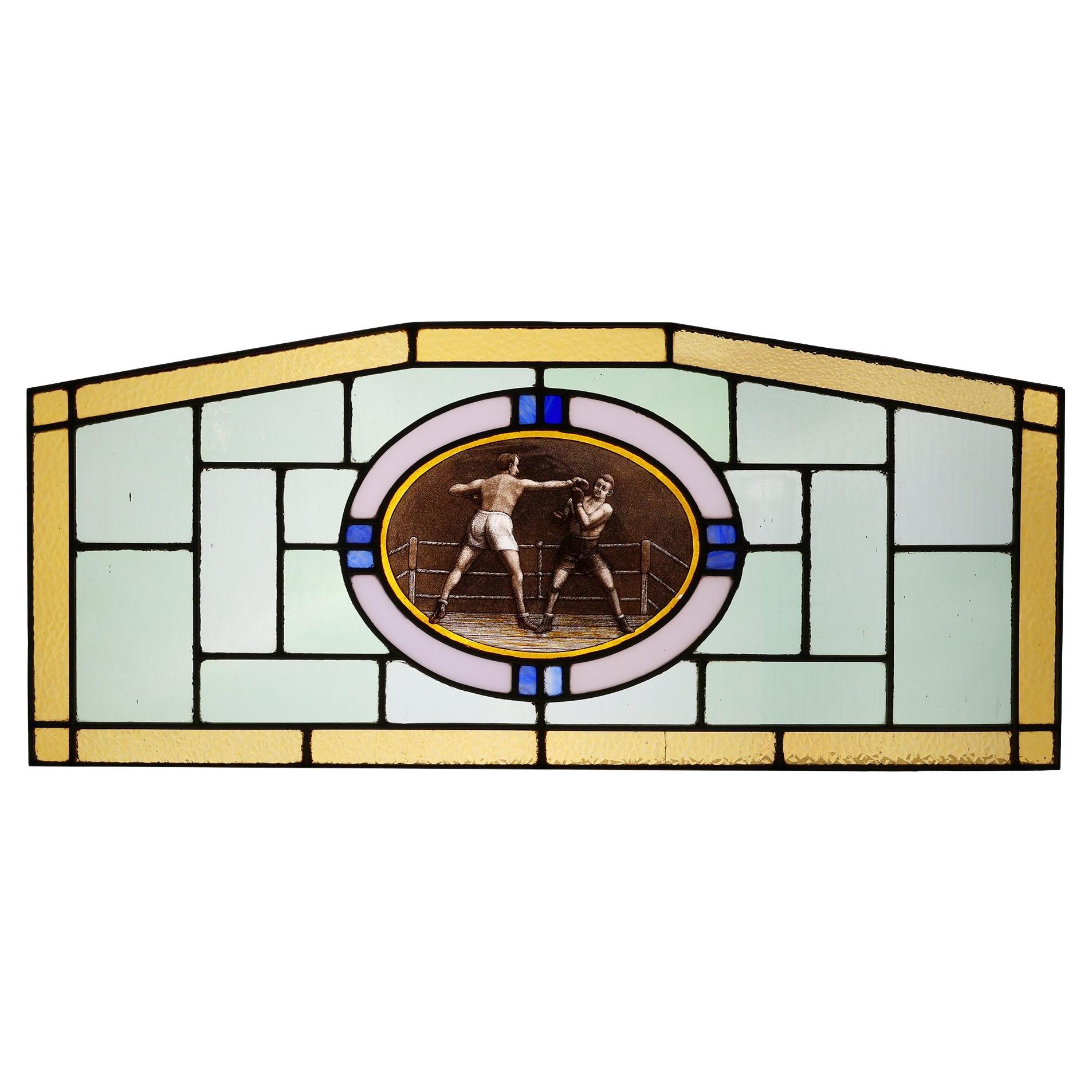 Art Deco Stained Glass Panel Depicting a Boxing Match, Belgium ca. 1910 For Sale