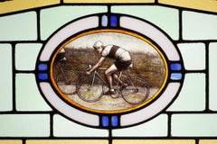 Art Deco Stained Glass Panel Depicting Cyclists in Motion, Belgium ca. 1910