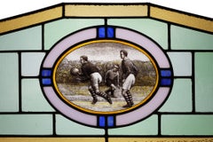 Art Deco Stained glass Tafel mit Darstellung einer frühen Fußballszene, Belgien um 1910