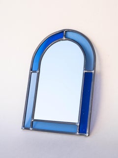 Art Deco Stained Glass Wall Mirror, Blue Leaded Stained Glass - France 1940