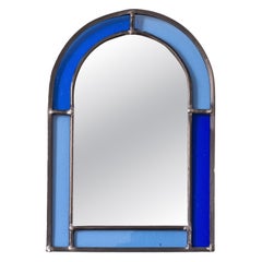 Art Deco Stained Glass Wall Mirror, Blue Leaded Stained Glass - France 1940
