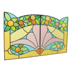 Art Deco Stained Glass Window Set of 2 Panels Colorful Flowers 82cm