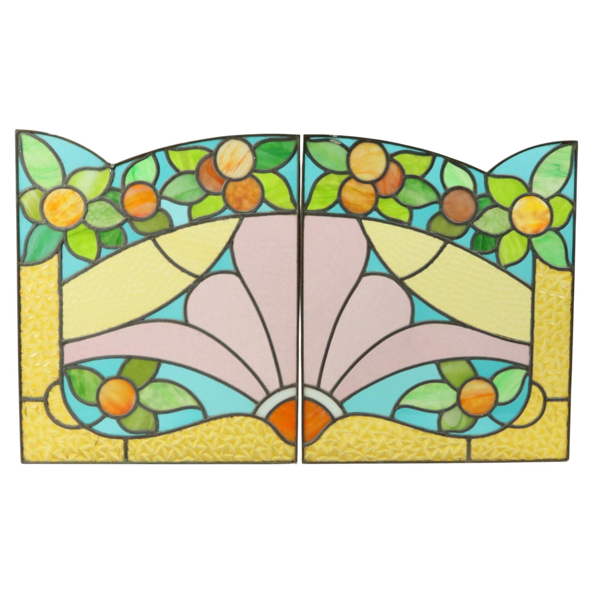 Art Deco Stained Glass Window Set of 2 Panels Colorful Flowers 82cm For Sale