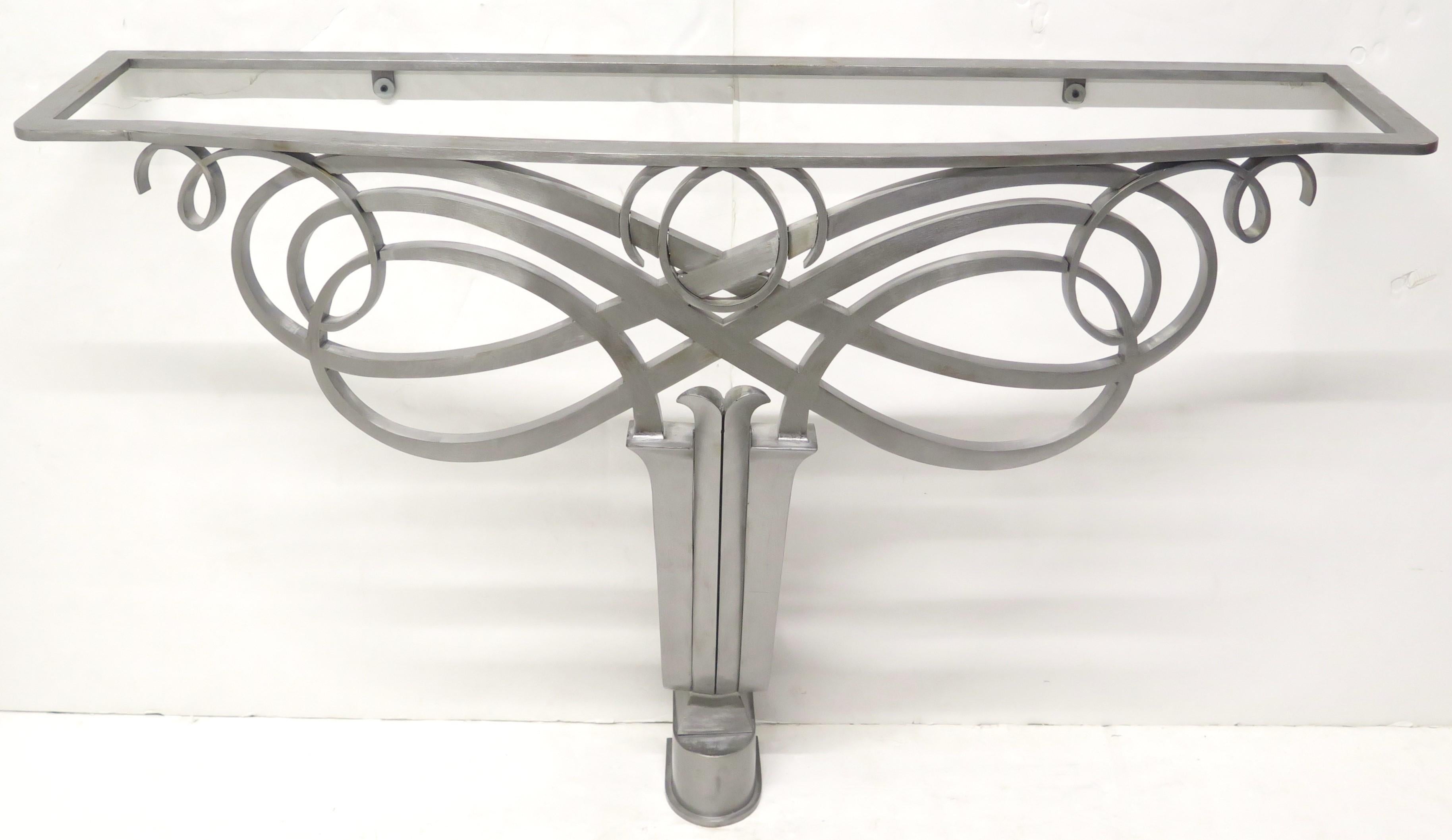 Art Deco Stainless Steel and Marble Console Table in the Manner of Raymond Subes For Sale 5