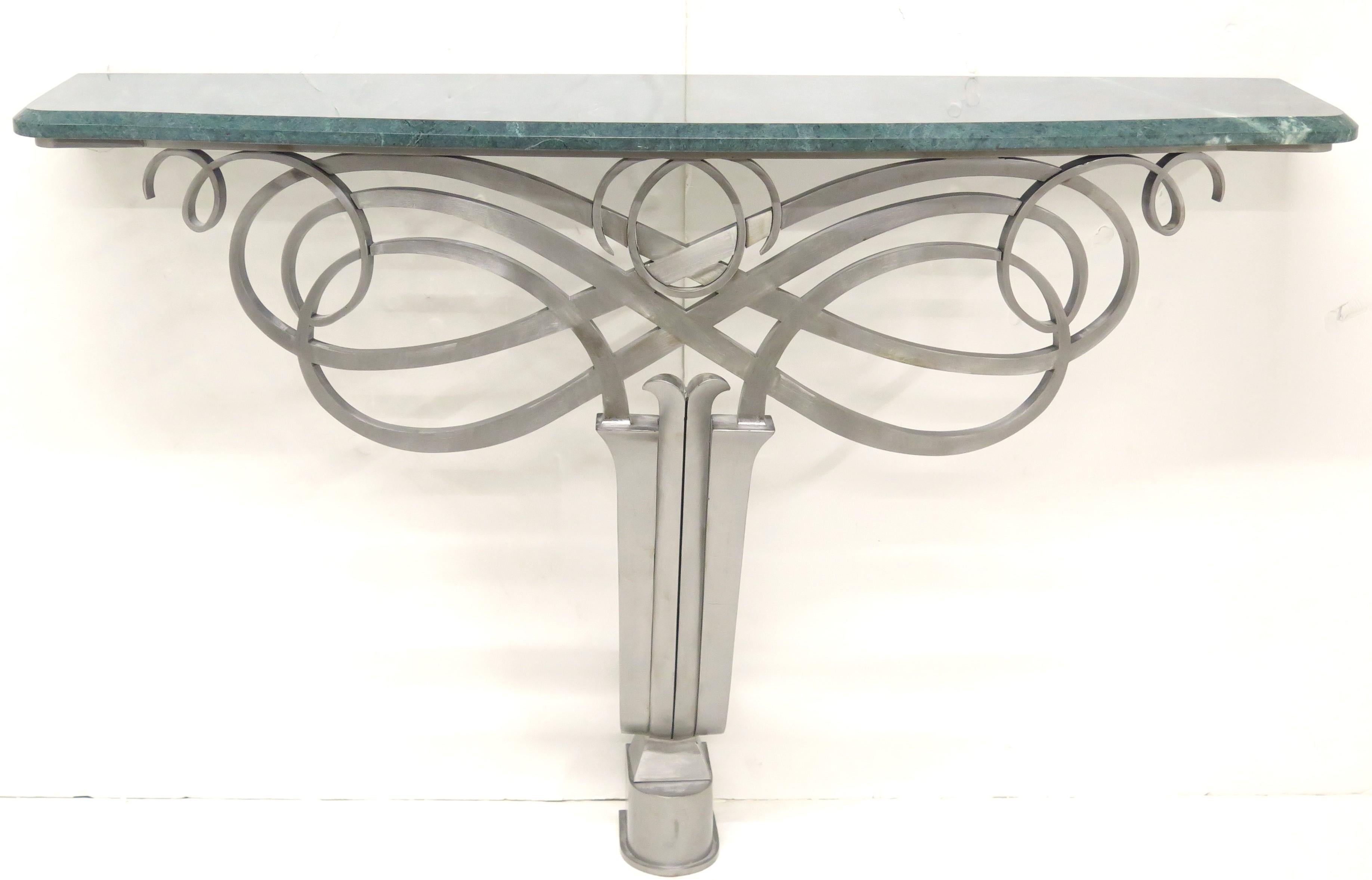 Art Deco Stainless Steel and Marble Console Table in the Manner of Raymond Subes For Sale 7