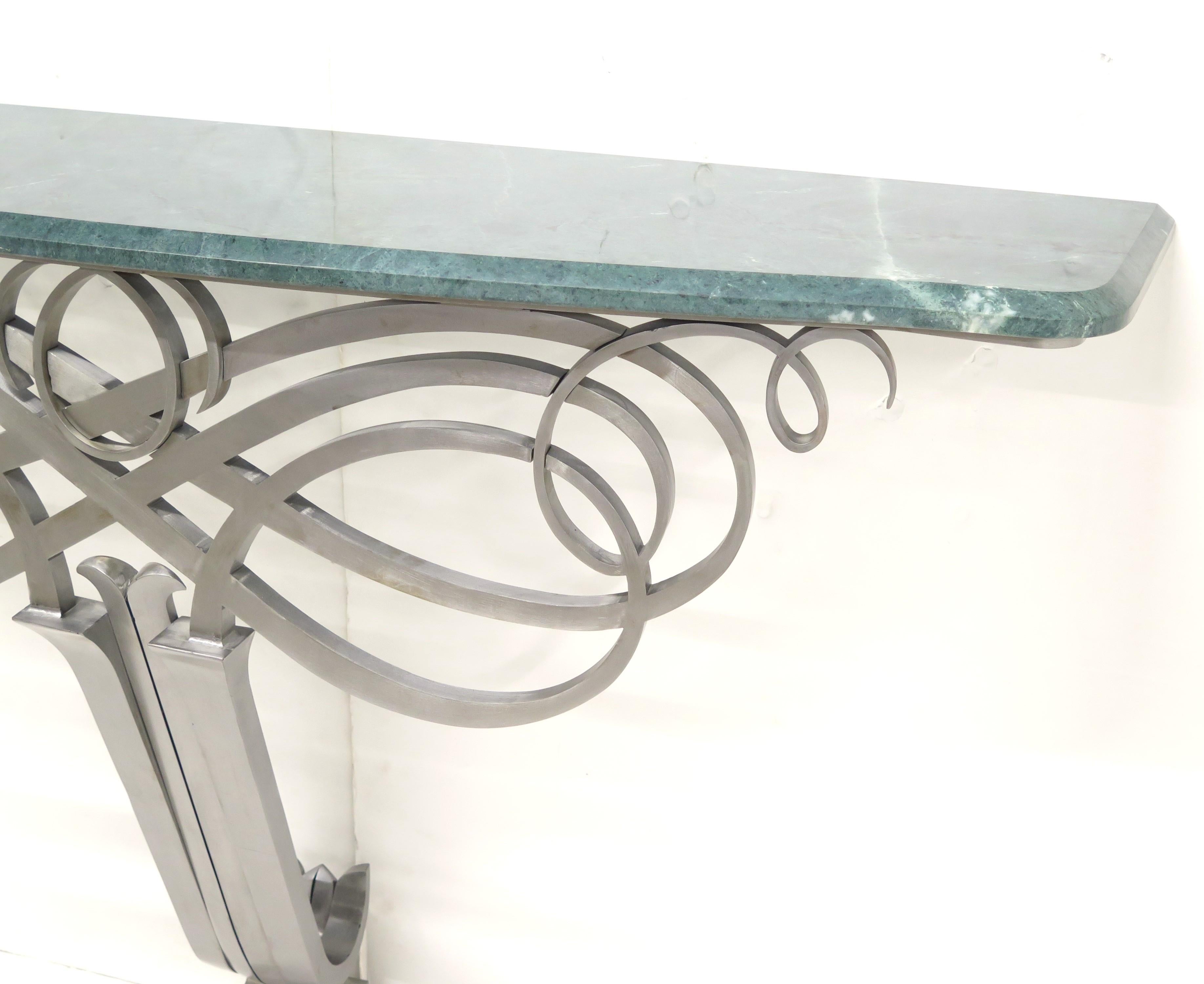 French Art Deco Stainless Steel and Marble Console Table in the Manner of Raymond Subes For Sale