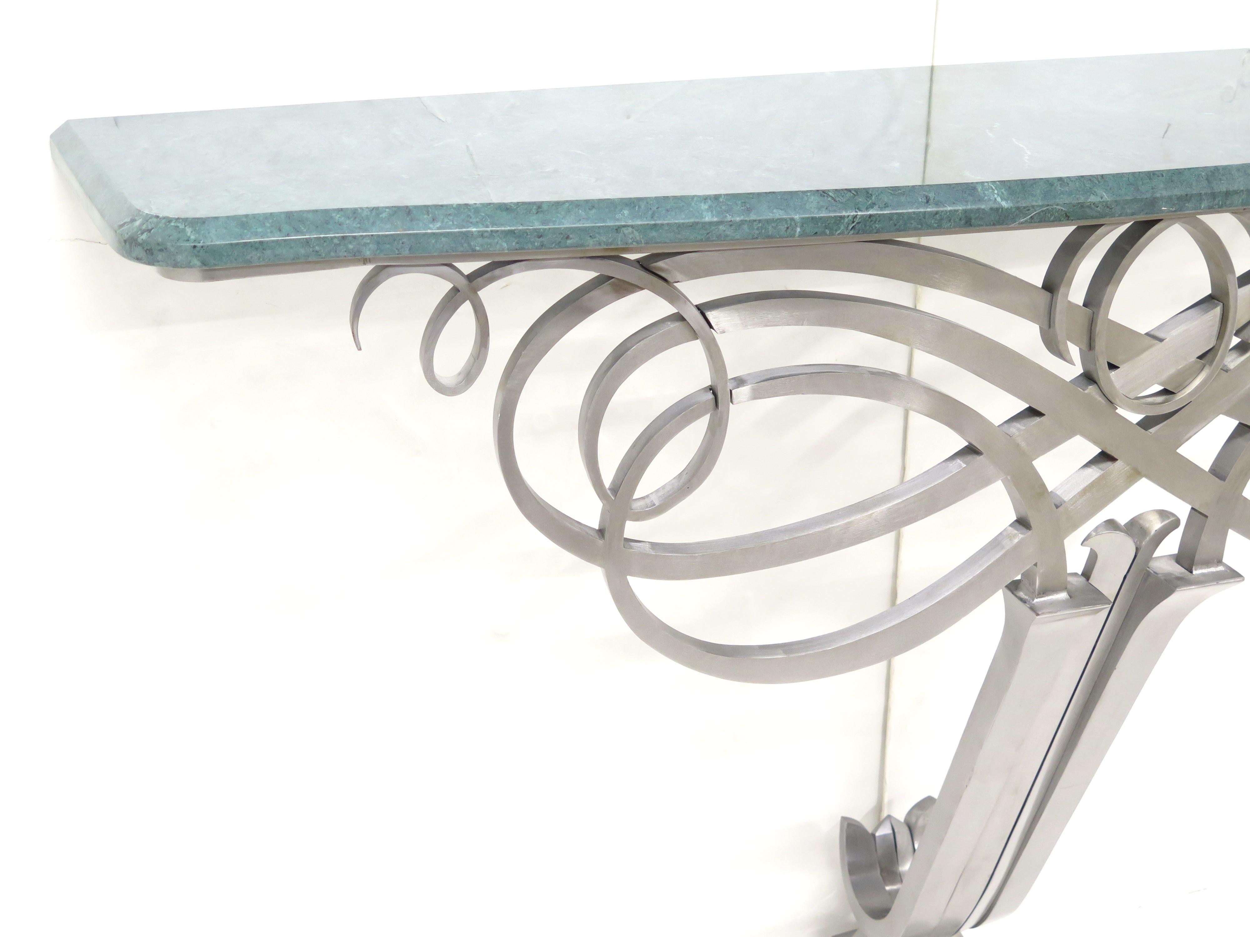 Art Deco Stainless Steel and Marble Console Table in the Manner of Raymond Subes In Good Condition For Sale In Dallas, TX
