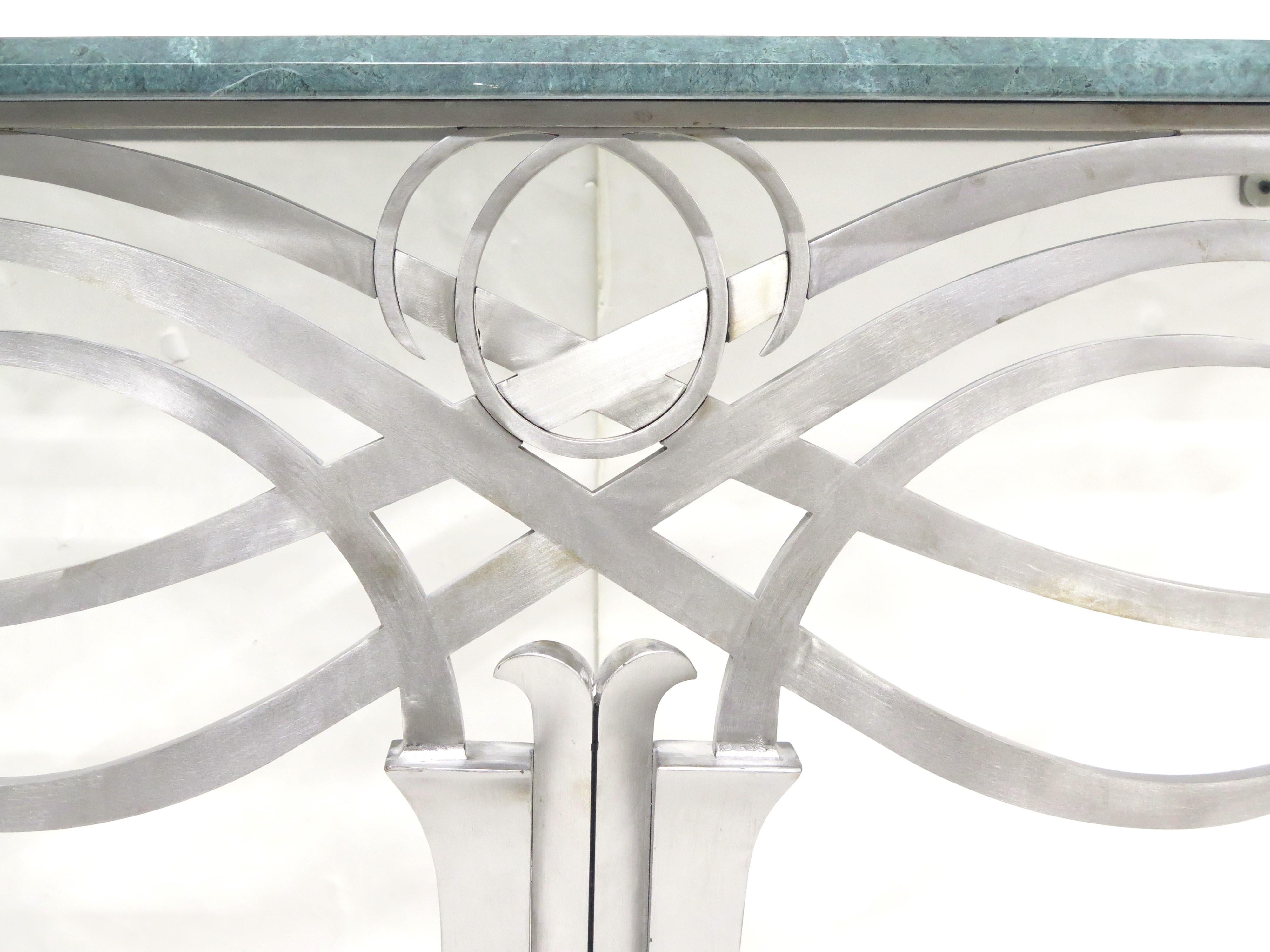 20th Century Art Deco Stainless Steel and Marble Console Table in the Manner of Raymond Subes For Sale