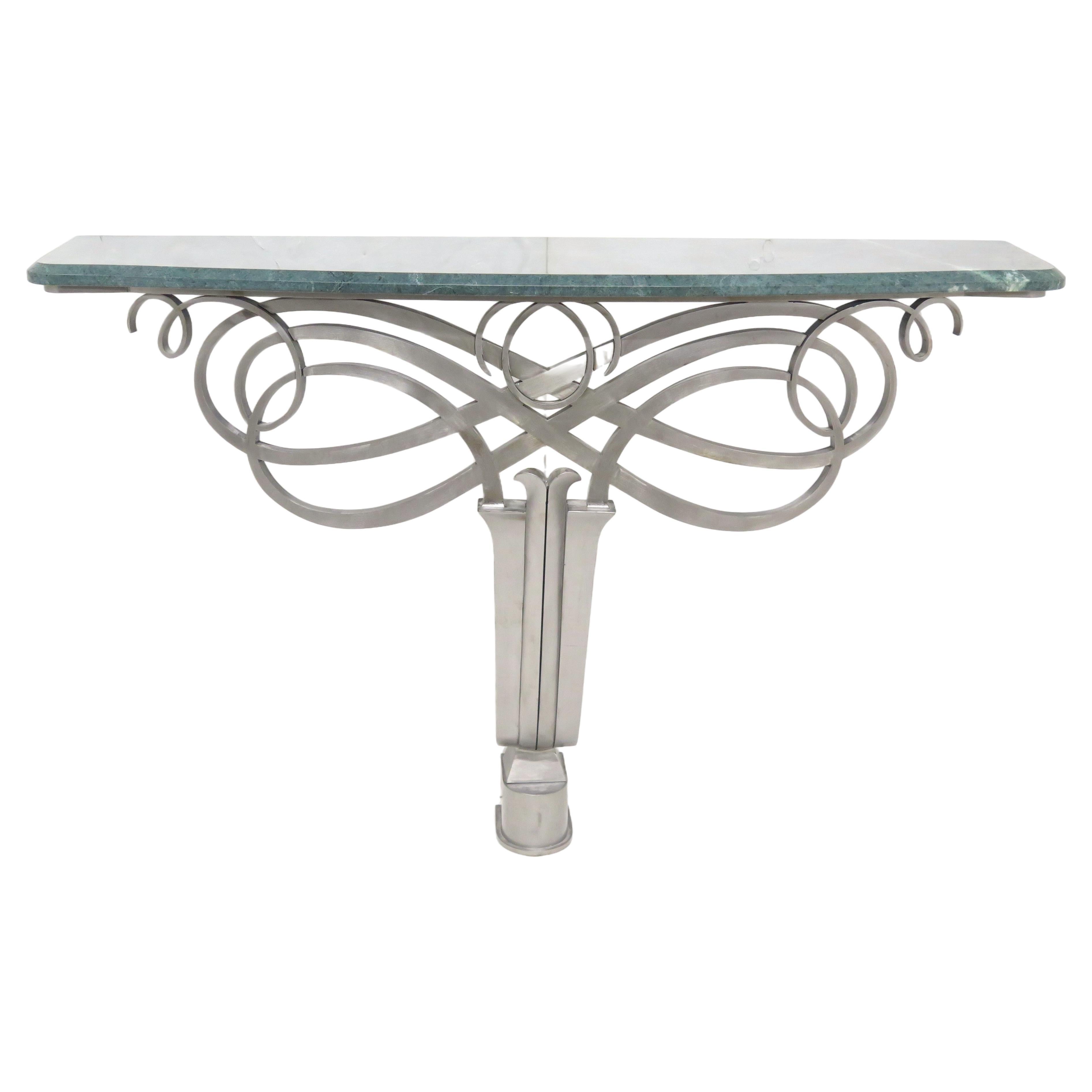 Art Deco Stainless Steel and Marble Console Table in the Manner of Raymond Subes