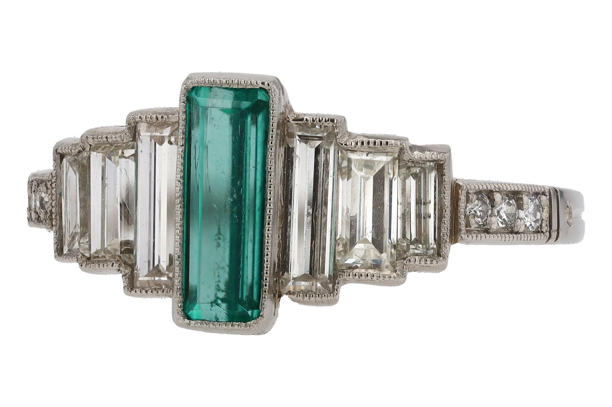 Emerald Cut Art Deco Staircase Design Emerald and Diamond Engagement Ring For Sale