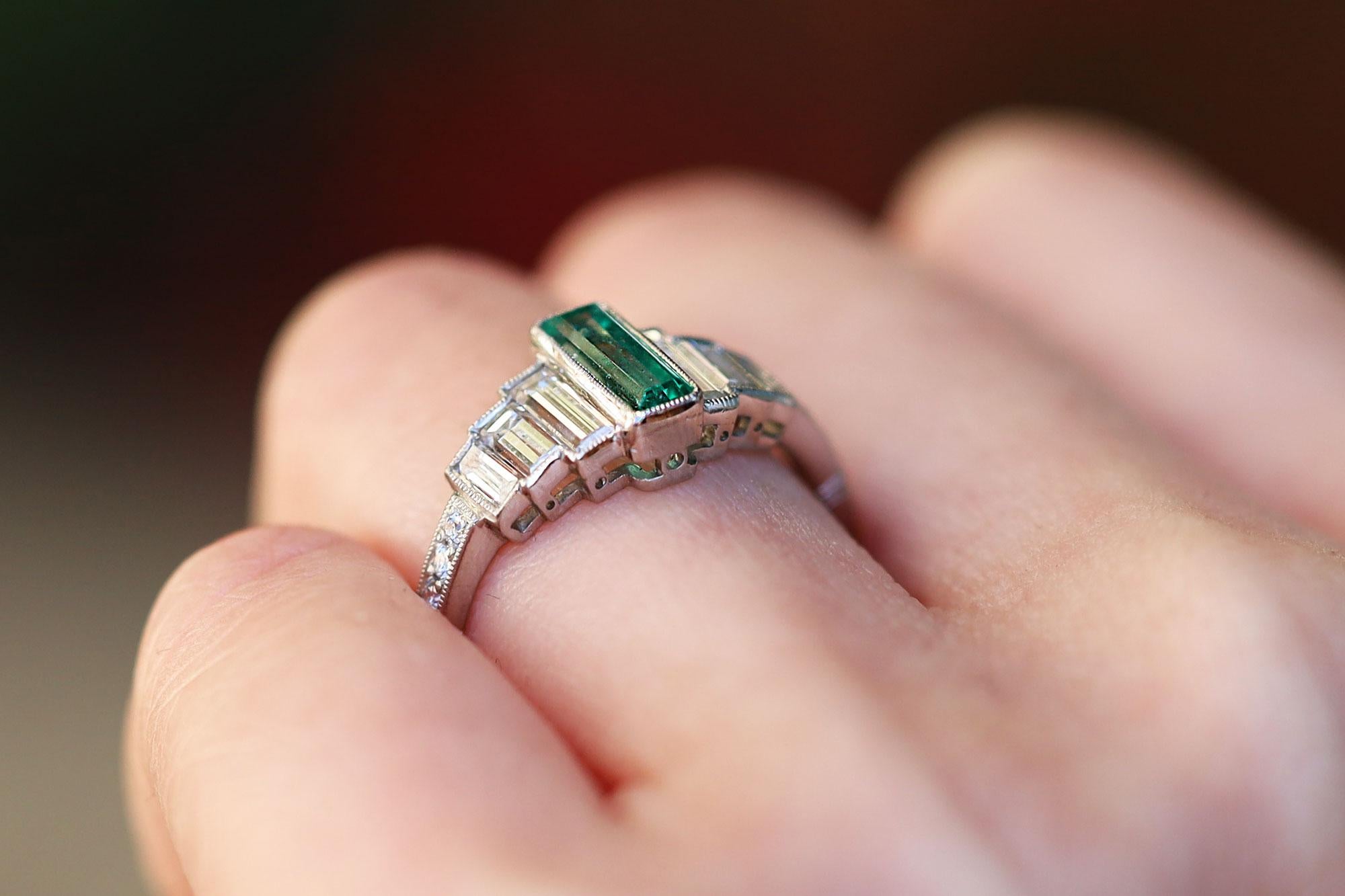 Art Deco Staircase Design Emerald and Diamond Engagement Ring In New Condition For Sale In Santa Barbara, CA
