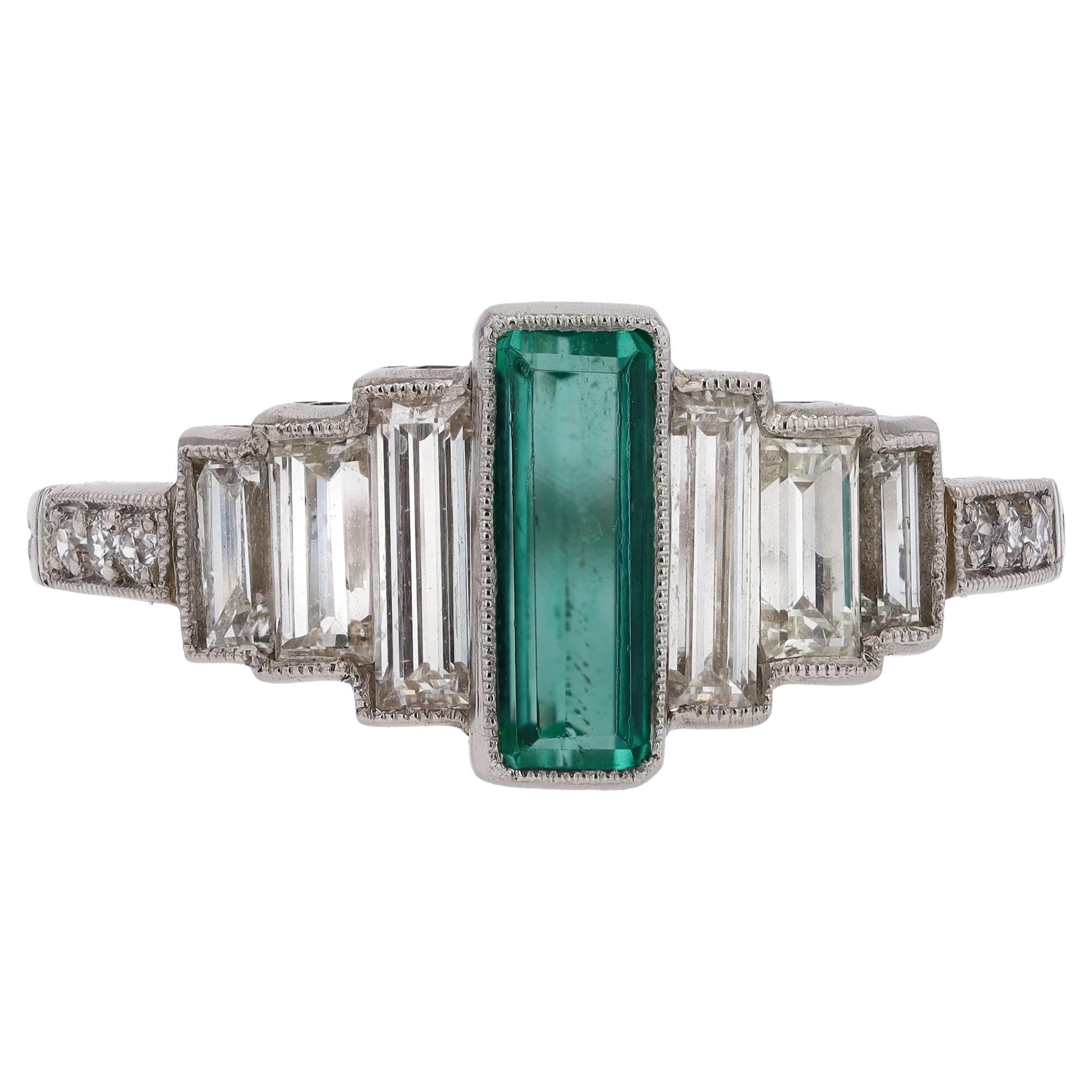 Art Deco Staircase Design Emerald and Diamond Engagement Ring For Sale