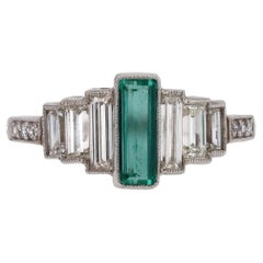 Art Deco Staircase Design Emerald and Diamond Engagement Ring