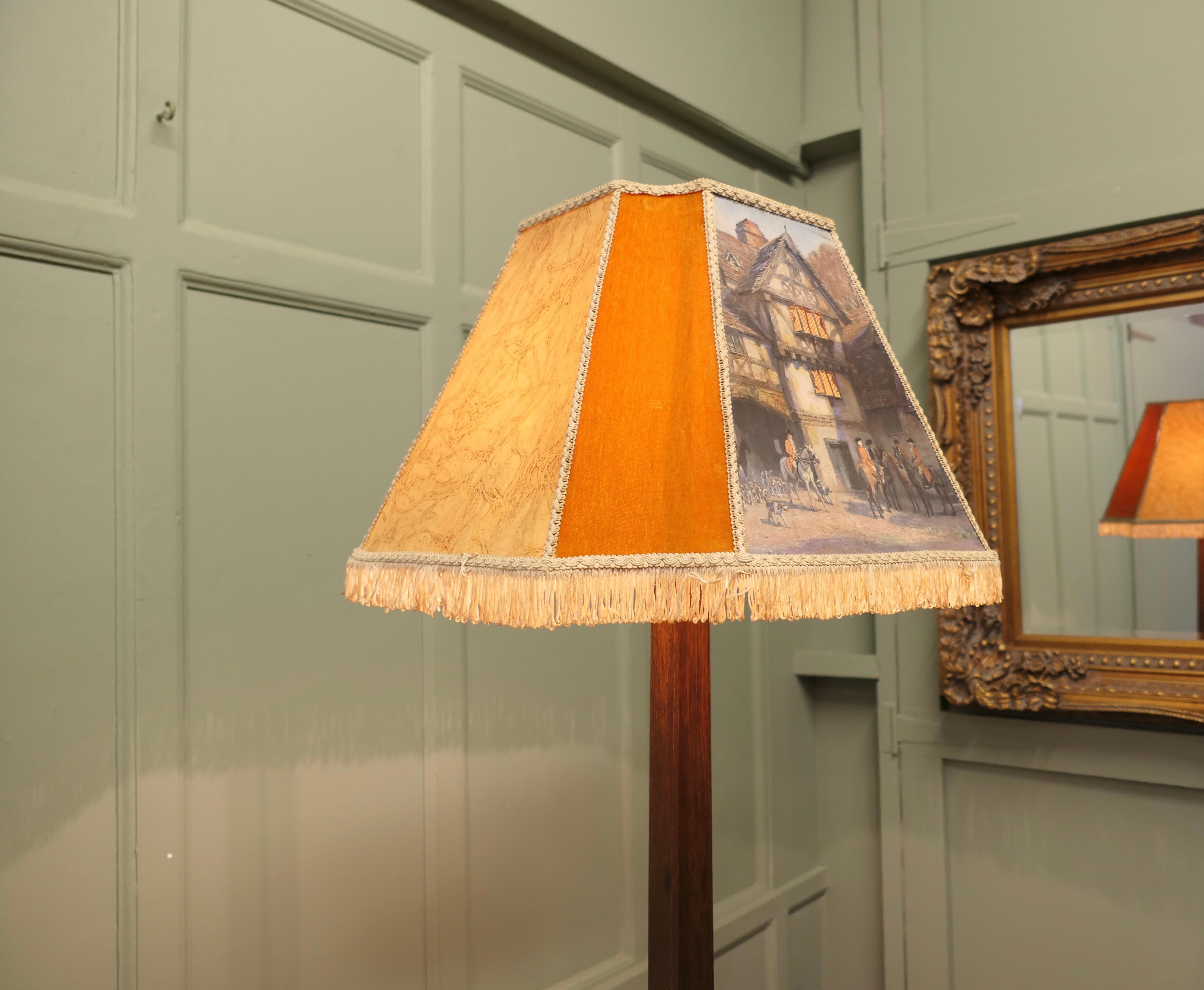 Oak Art Deco Standard or Floor Lamp, Interesting Shade For Sale