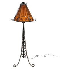 Antique Art Deco Standing Lamp, Wrought Iron with New Lampshade, France, 1920