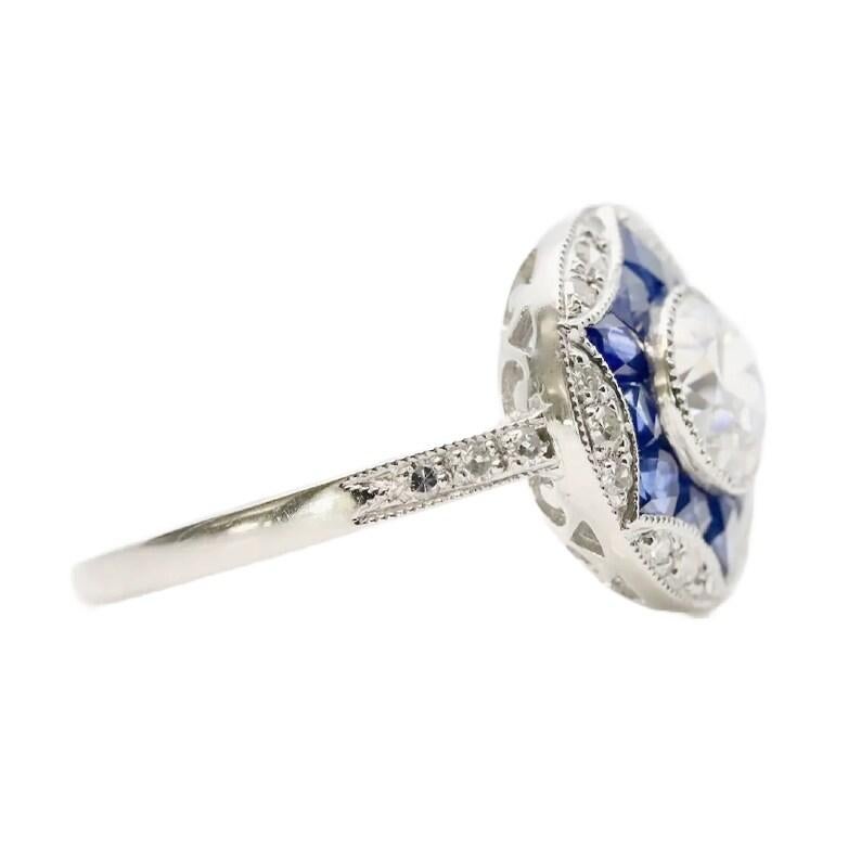 Old European Cut Art Deco Star Form Diamond & French Cut Sapphire Ring in Platinum For Sale