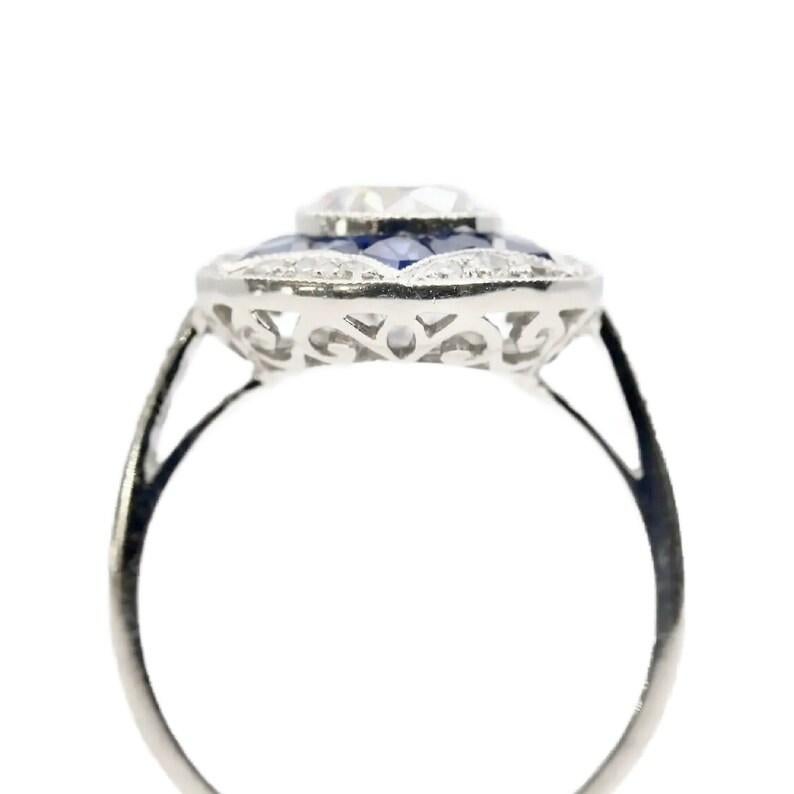 Art Deco Star Form Diamond & French Cut Sapphire Ring in Platinum In Good Condition For Sale In Boston, MA