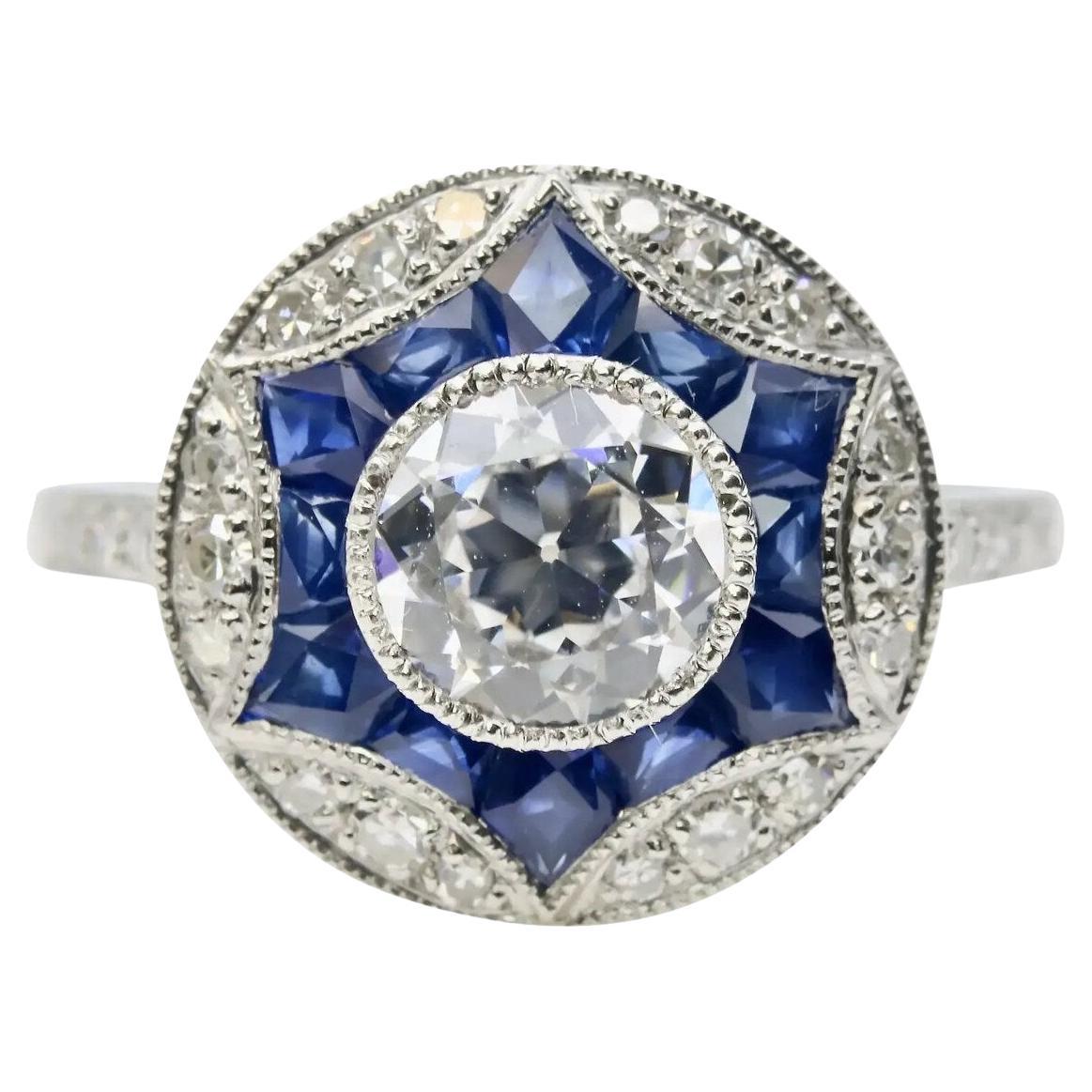 Art Deco Star Form Diamond & French Cut Sapphire Ring in Platinum For Sale