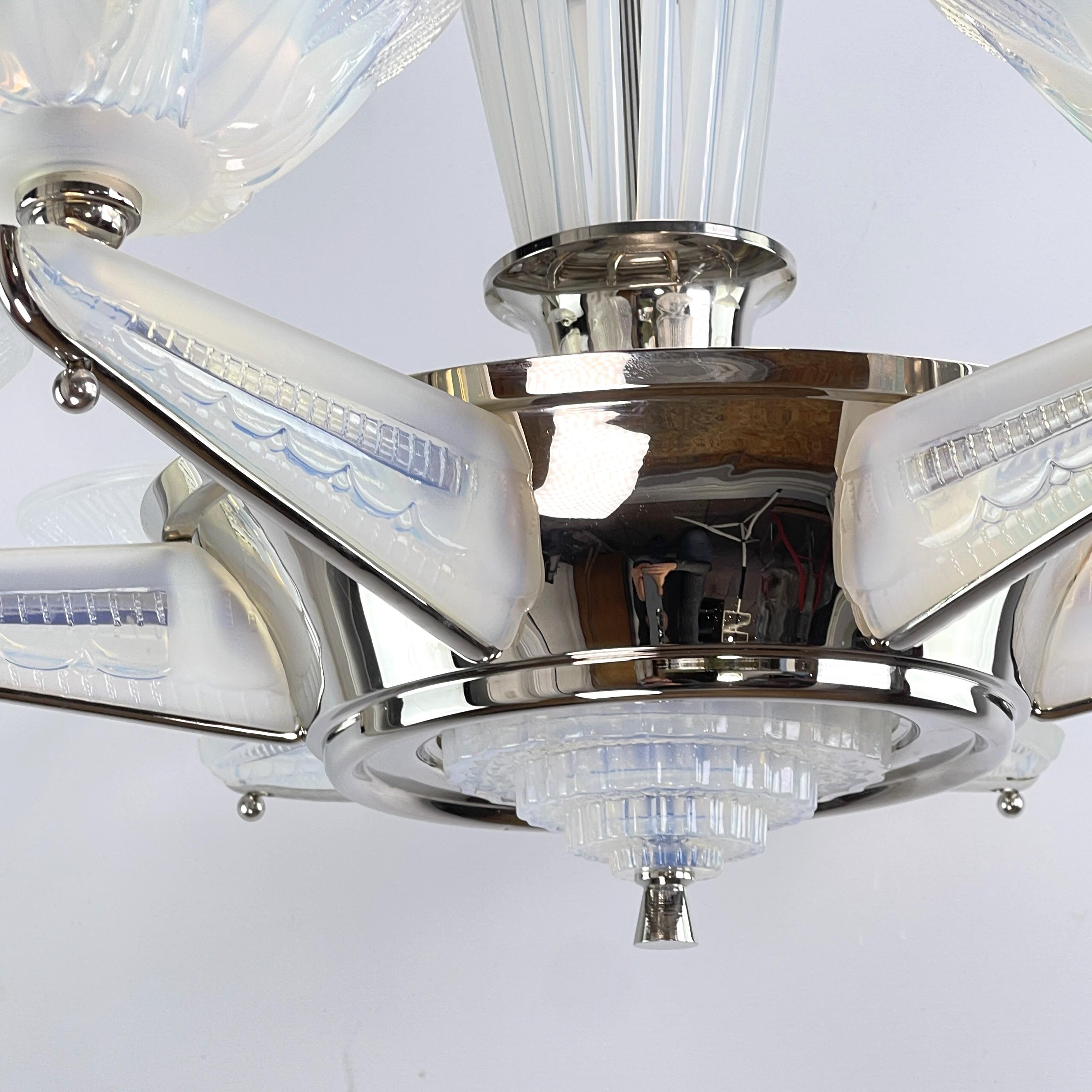Nickel Art Deco star lamp chandelier from Petitot & Ezan, 1930s For Sale