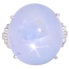 Art Deco Style Star Sapphire Cabochon Diamond Platinum Cocktail Ring