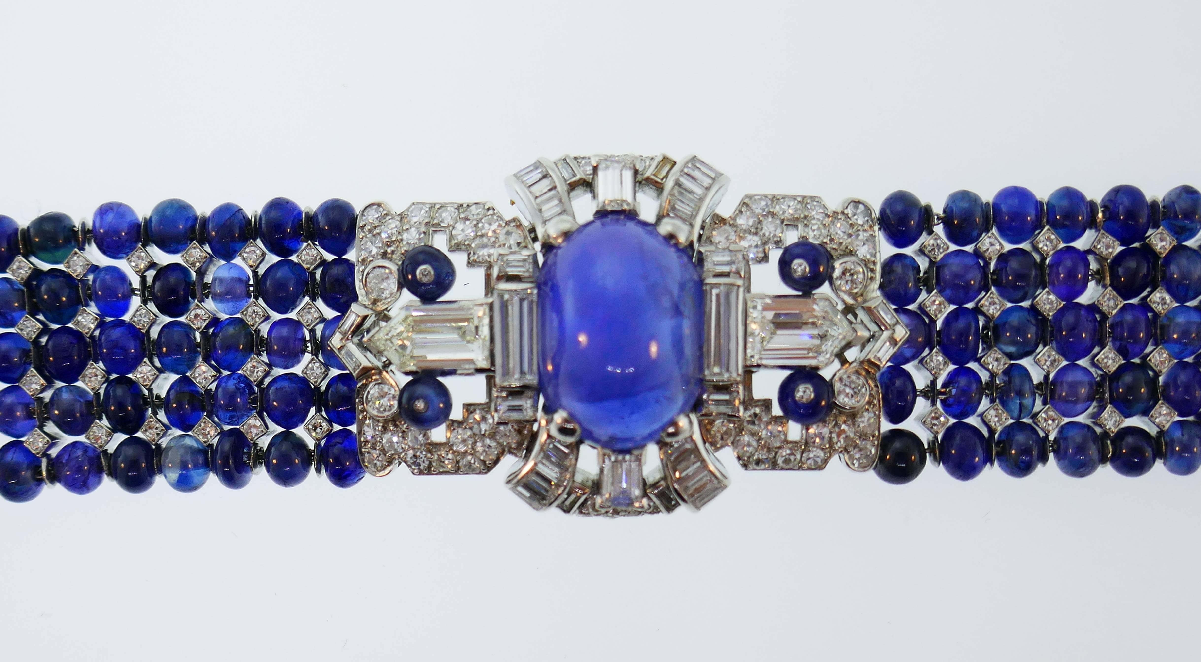 Art Deco Star Sapphire Diamond Platinum Bracelet In Good Condition In Beverly Hills, CA