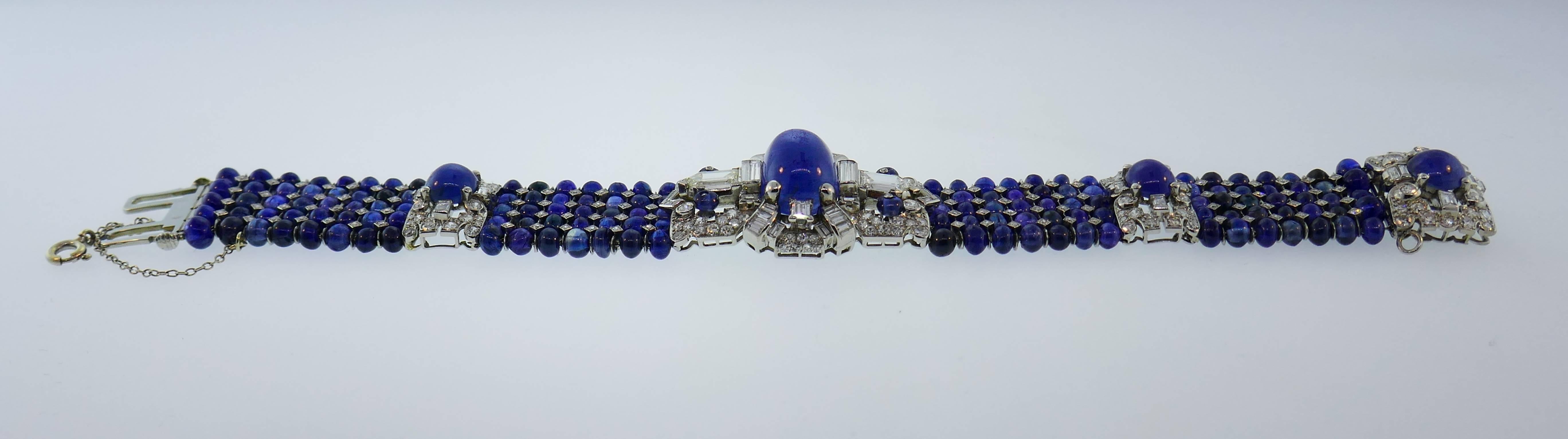 Women's Art Deco Star Sapphire Diamond Platinum Bracelet