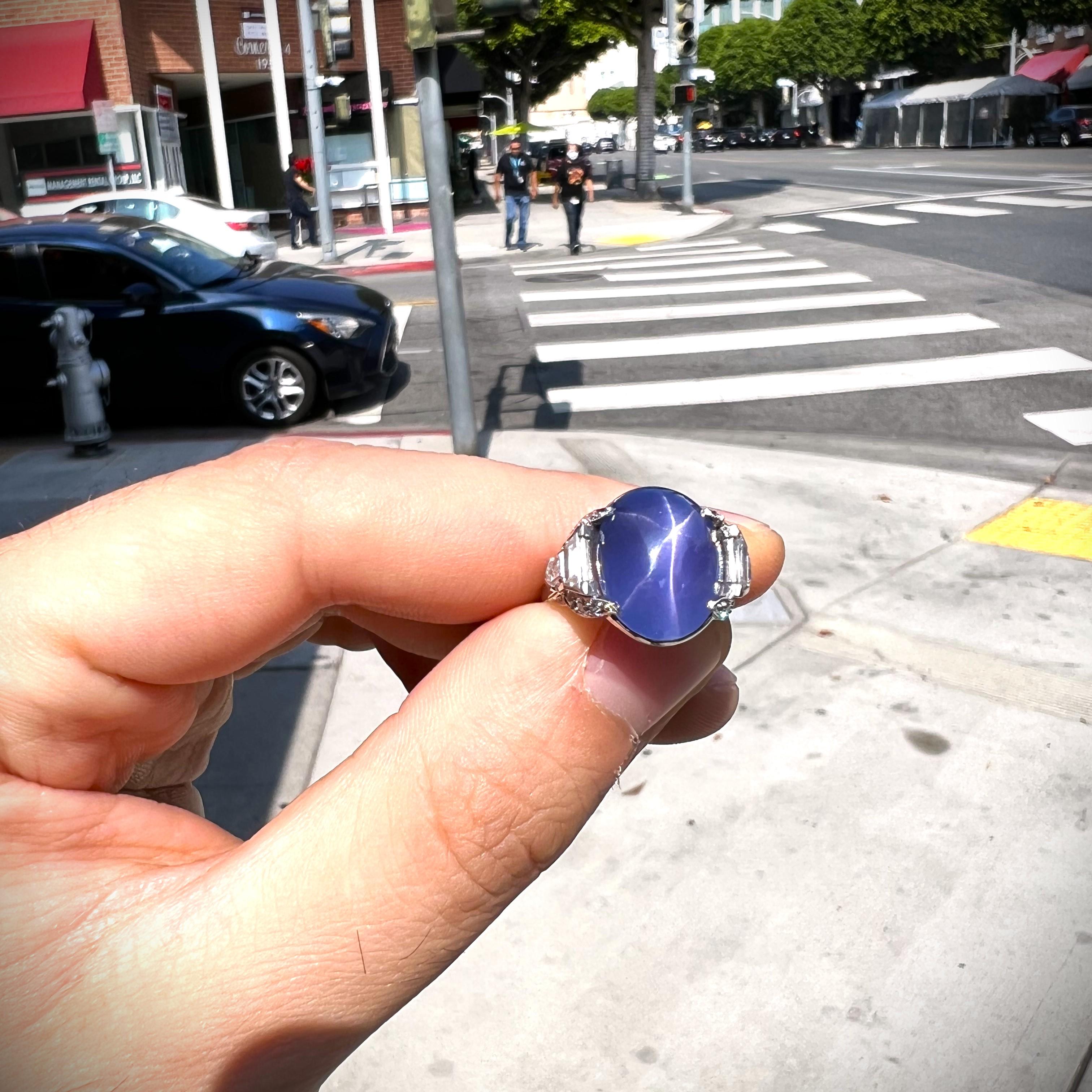 Art Deco Star Sapphire Diamond Platinum Ring For Sale 4